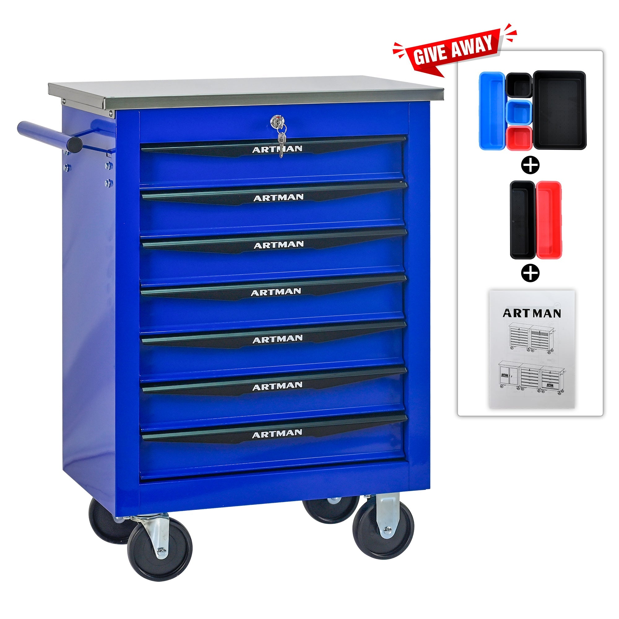 Logidon gereedschapswagen 7 laden blauw stalen wielen RVS dak