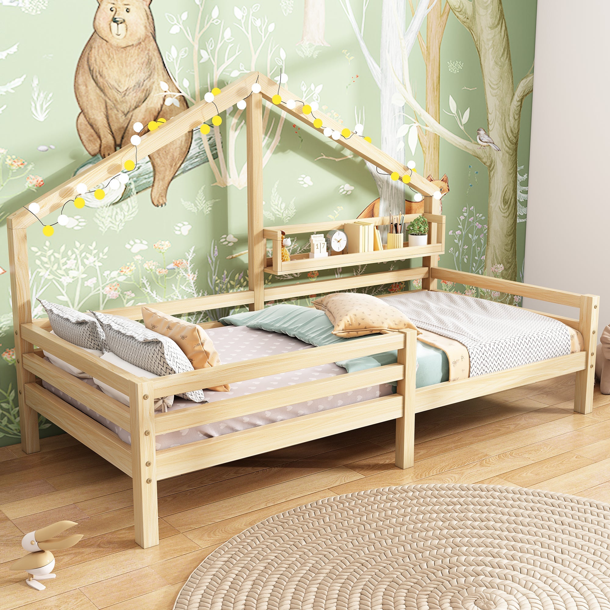 Logidon huisbed kinderbed 90x200 naturel met plank plank schouwvorm