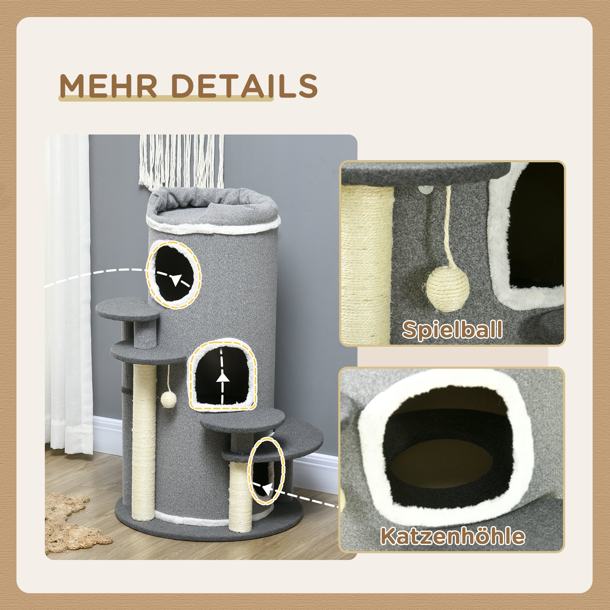 Logidon kattenkrabton 99 cm met kattenmand en speelbal grijs