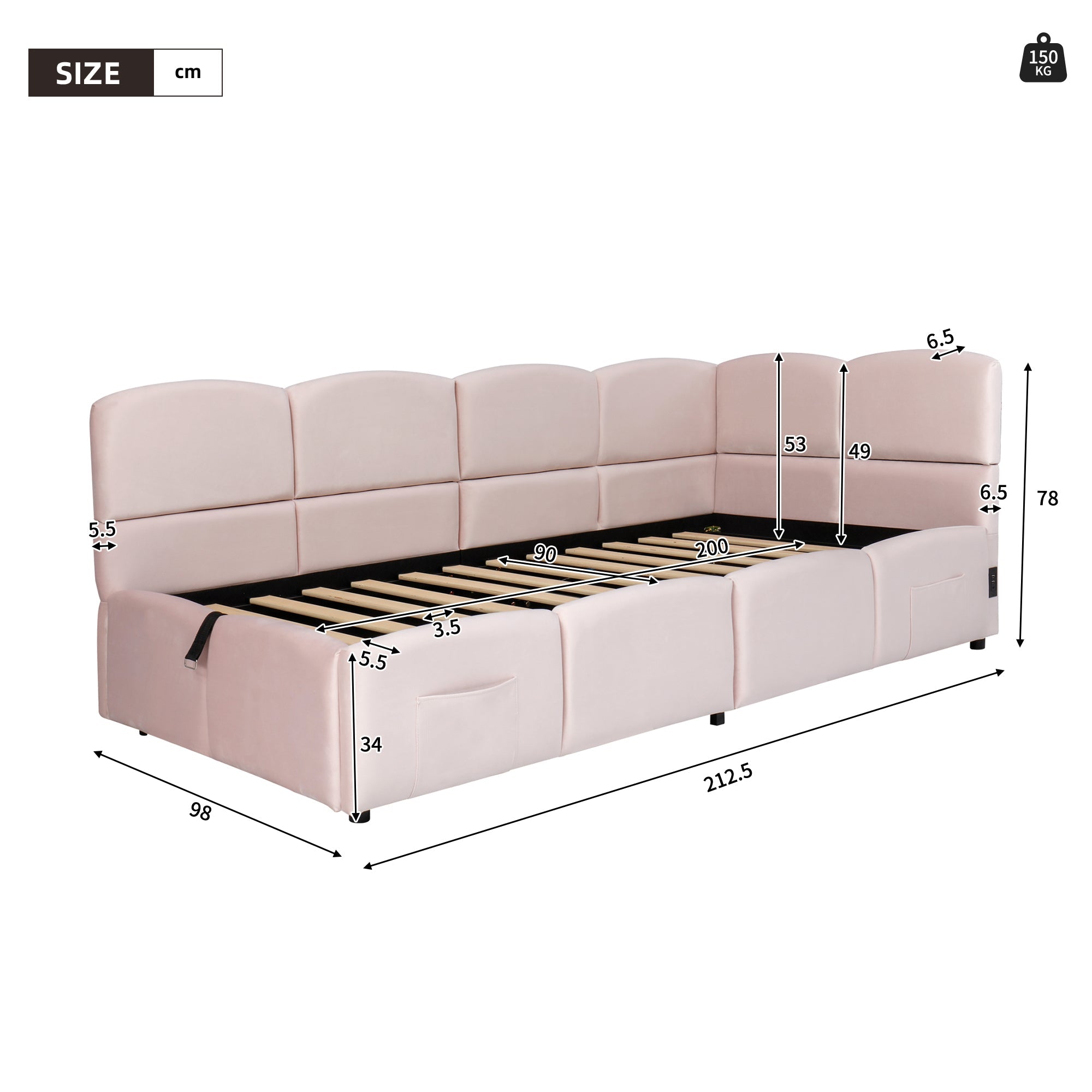 Logidon fluweel gestoffeerd bed roze 90x200 met lattenbodem en opbergruimte