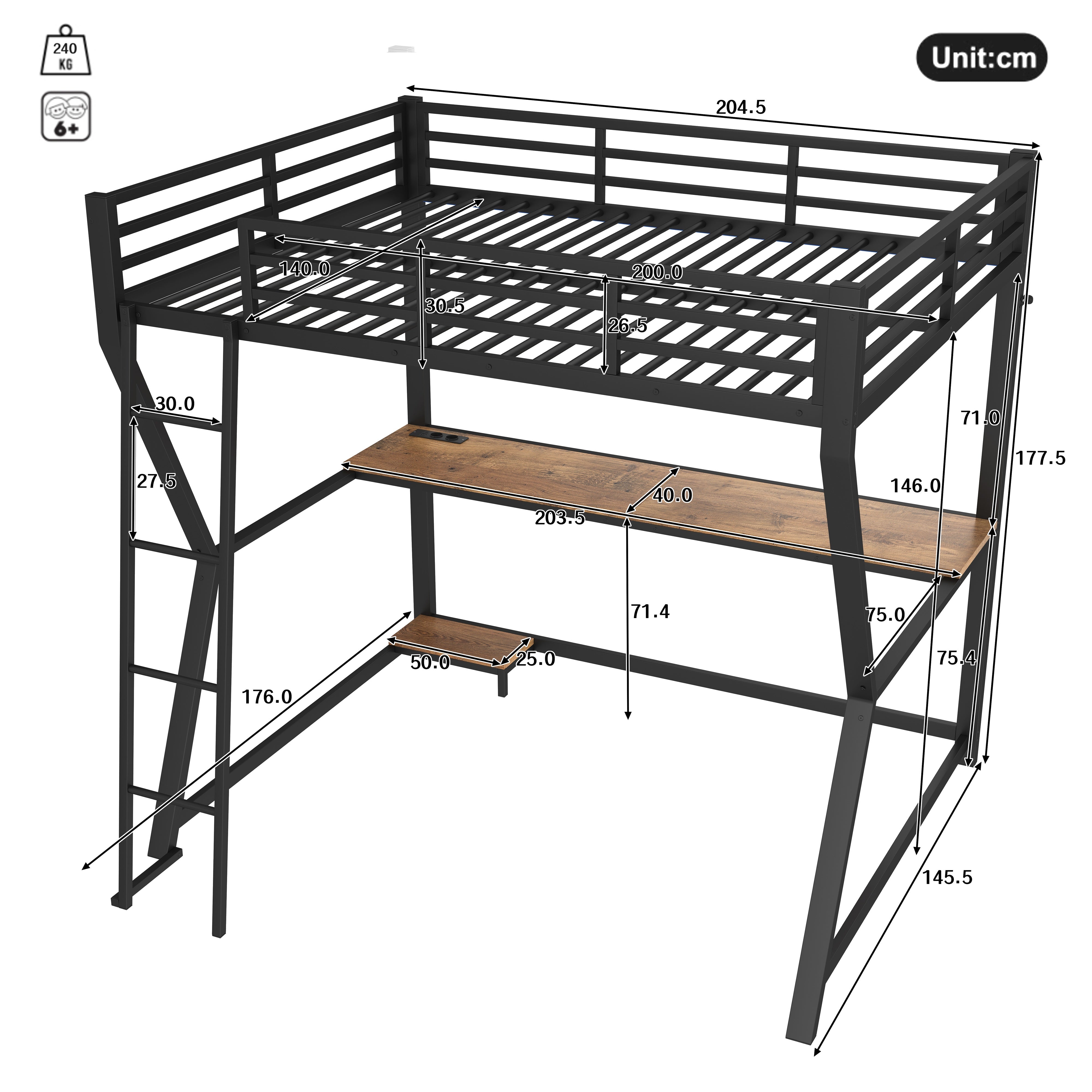 Logidon loft bed 140x200 cm with LED lighting and desk
