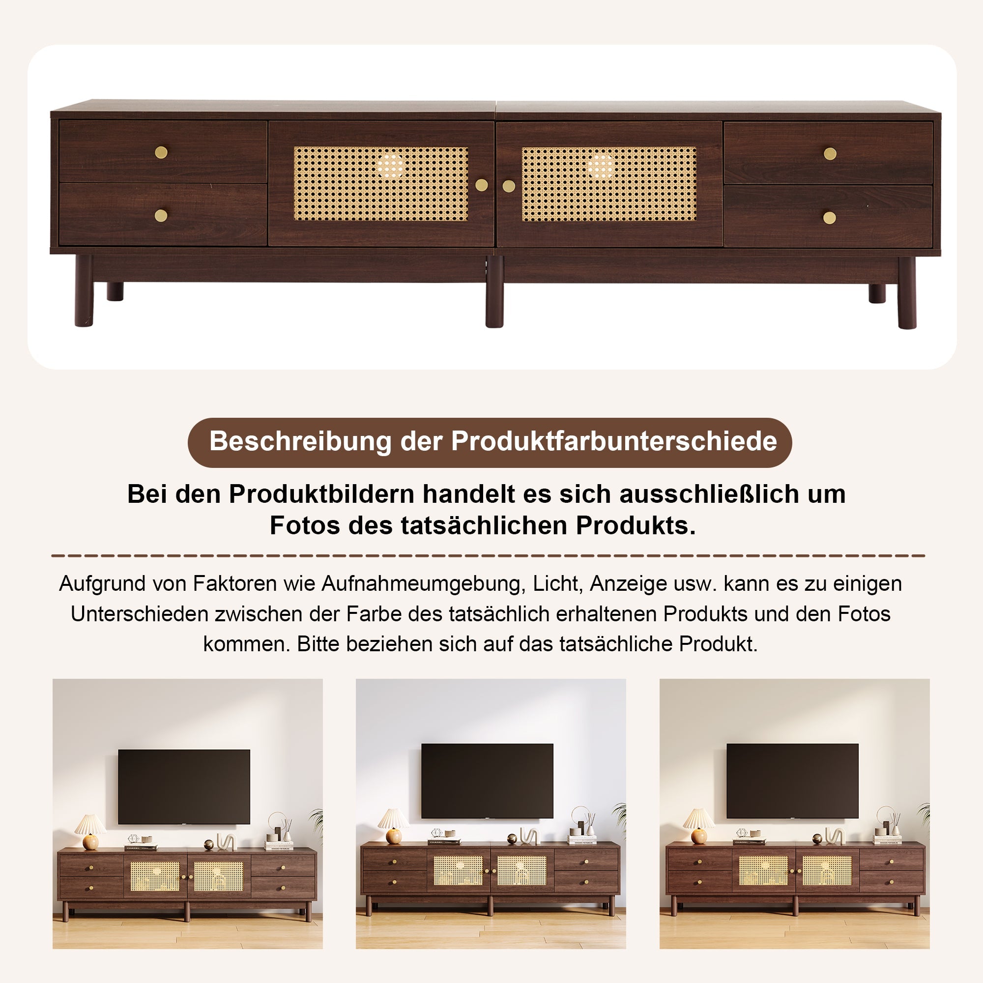 Logidon TV cabinet 180 cm dark wood look rattan doors cable management