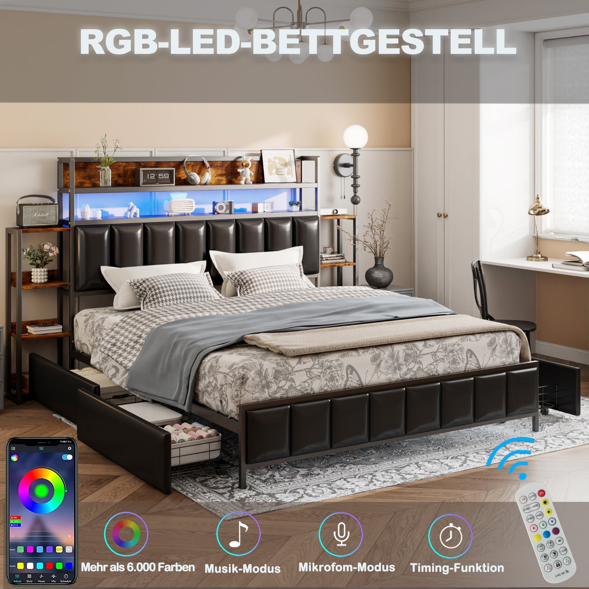 Logidon upholstered bed 160x200 cm with LED lighting storage space black