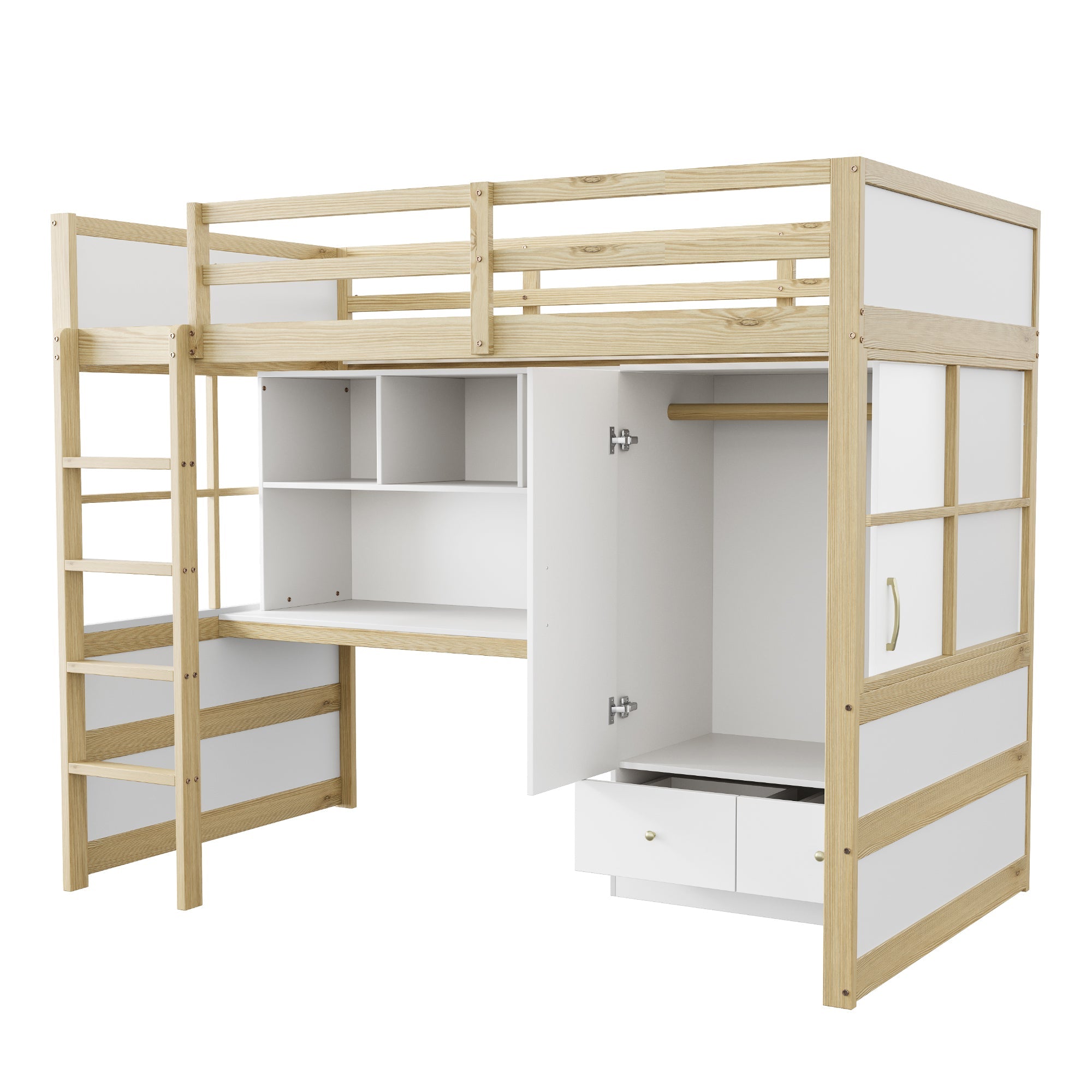 Logidon hoogslaper 90x200 cm met bureau en opbergruimte naturel hout
