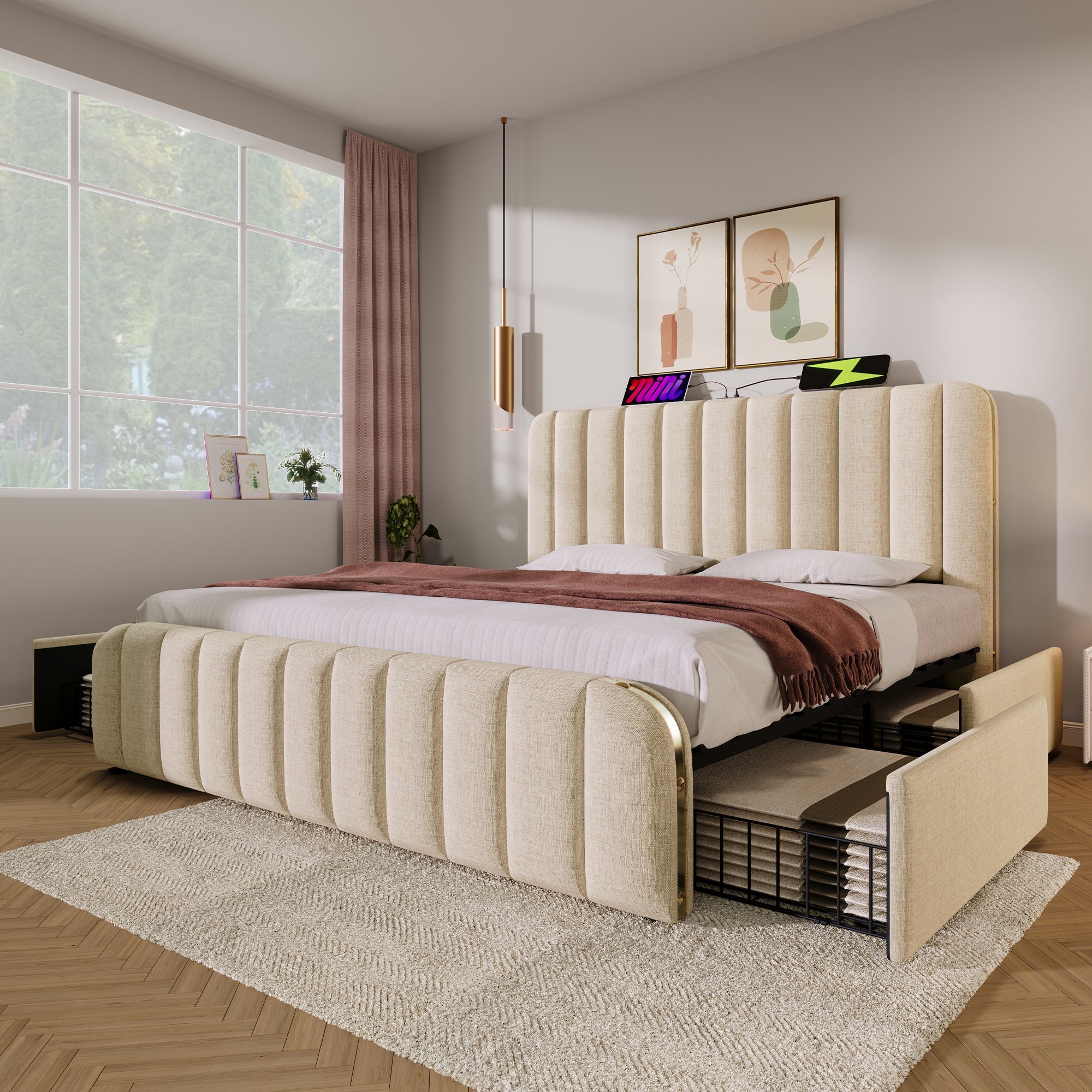 Logidon upholstered bed beige linen with USB Type C charging function 180x200 cm