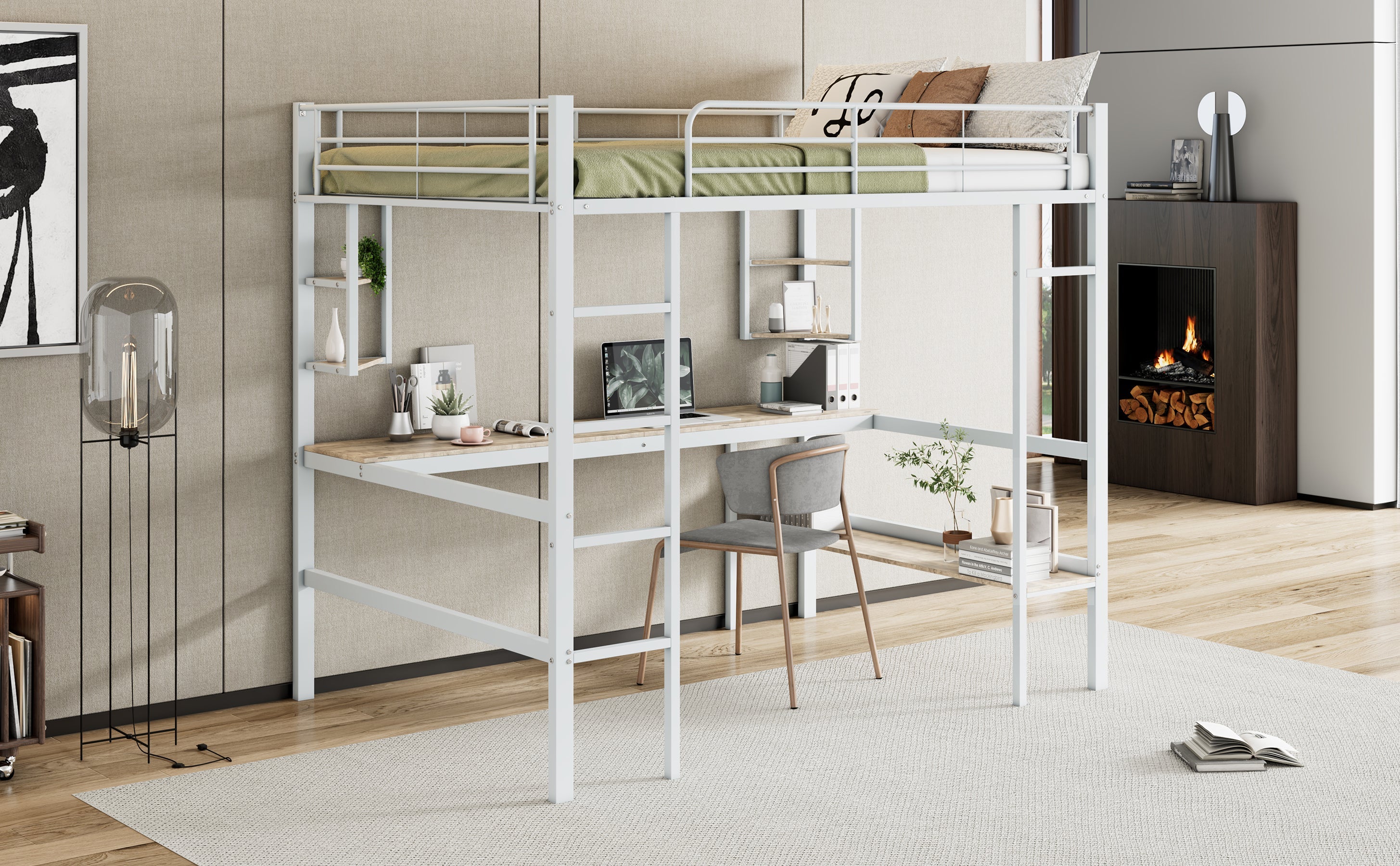 Logidon hoogslaper 140x200 cm metalen bed met bureau wit
