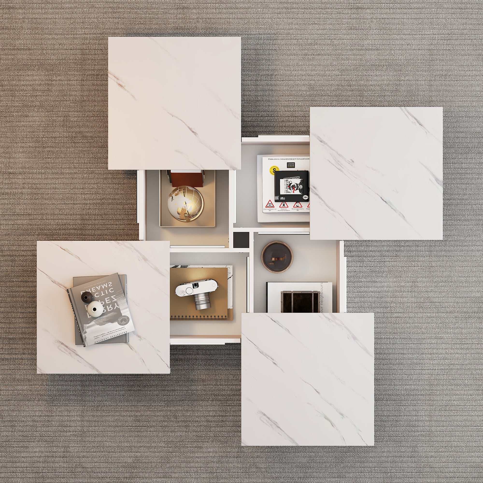 Logidon vierkante salontafel wit marmerlook 90x90x25 cm met lades