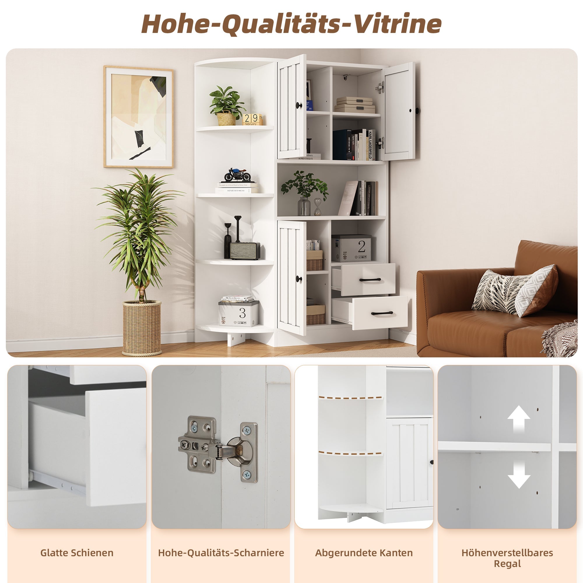 Logidon corner cabinet white 104x35x155 cm display cabinet 3 doors 2 drawers