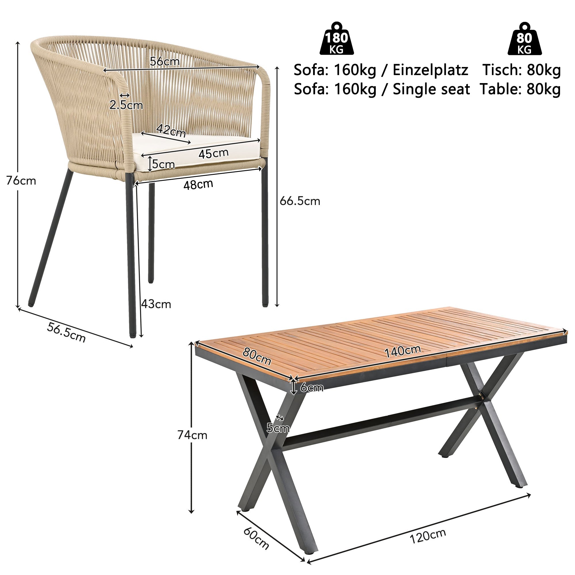 Logidon Tuineetset 7-delig Rope Lounge met acaciahouten tafel beige kussens