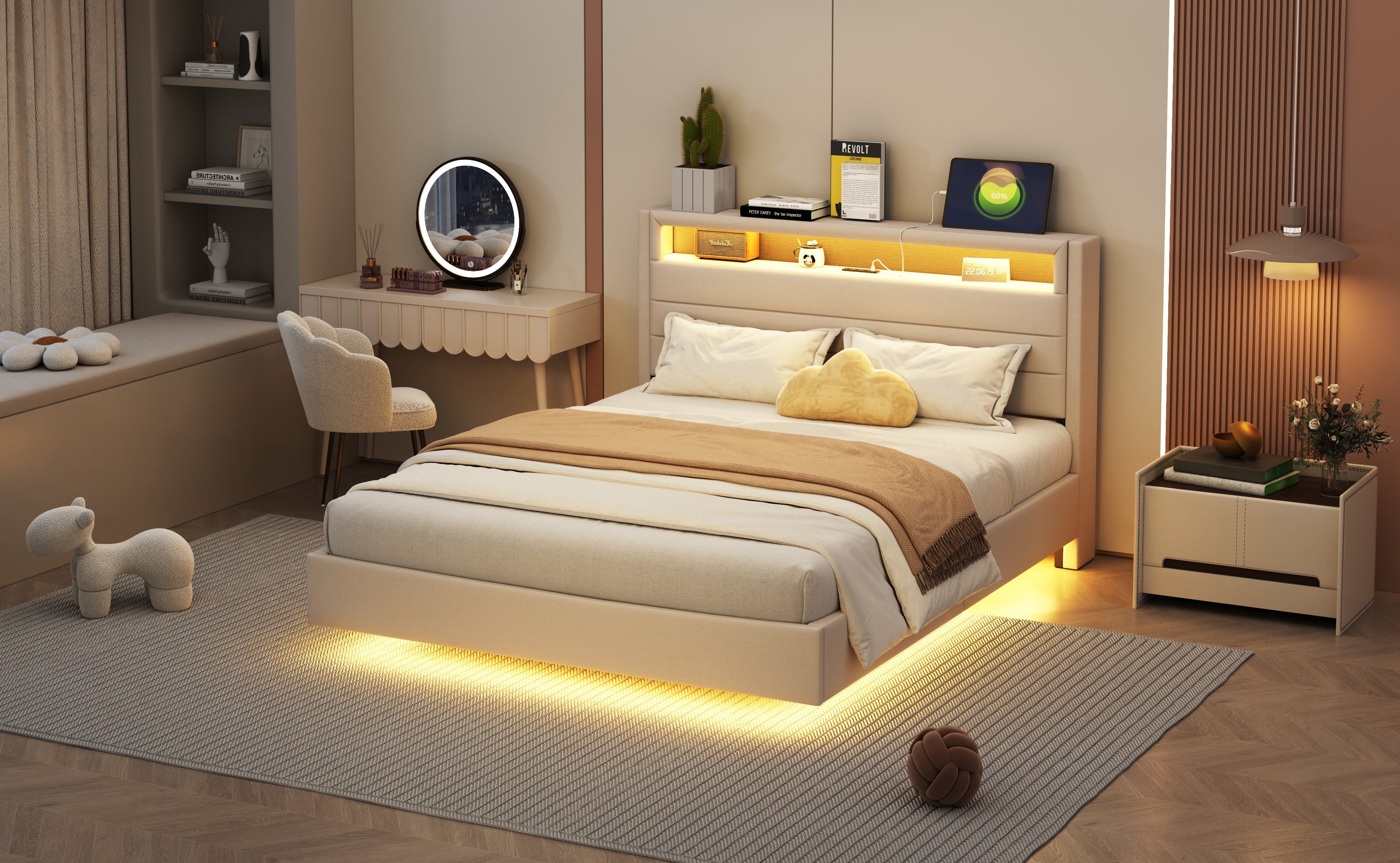 Logidon gestoffeerd bed 140x200 cm met USB oplaadpunt en LED lichtbeige