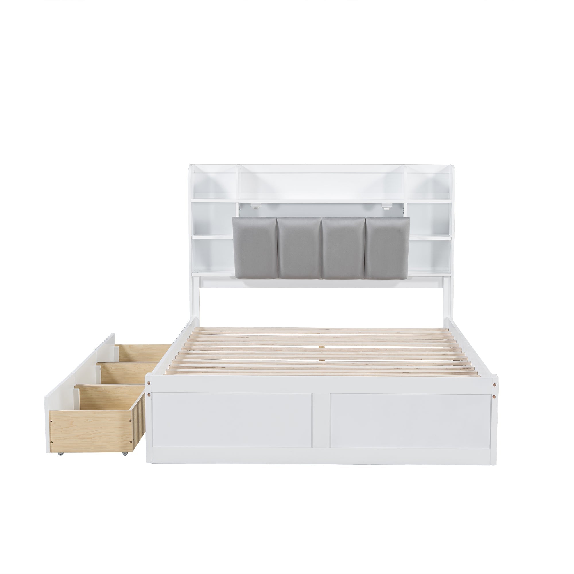 Logidon tweepersoonsbed witgrijs 140x200 cm plank drie lades op wielen