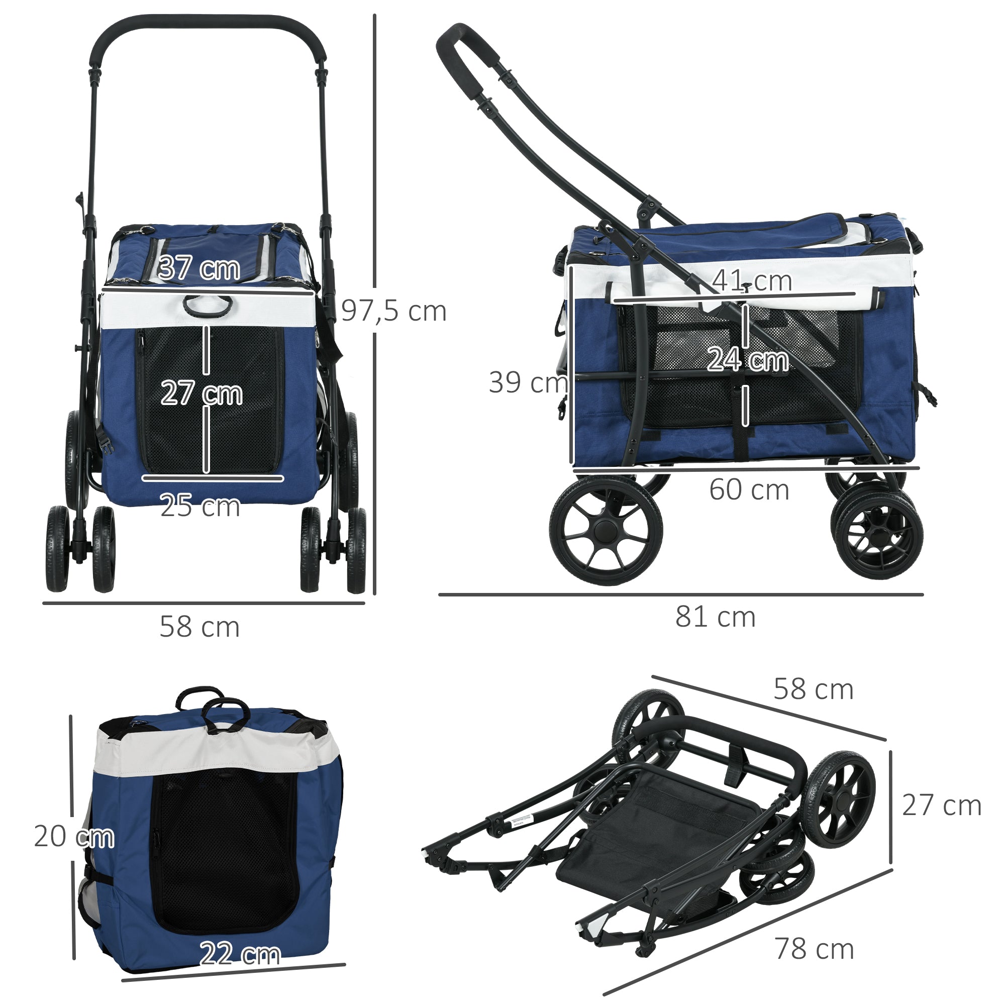 Logidon 2 in 1 hondenbuggy blauw afneembare mand met veiligheidslijnen