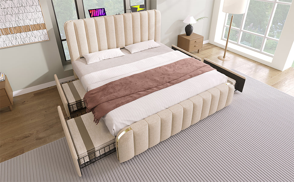 Logidon upholstered bed beige linen with USB Type C charging function 180x200 cm