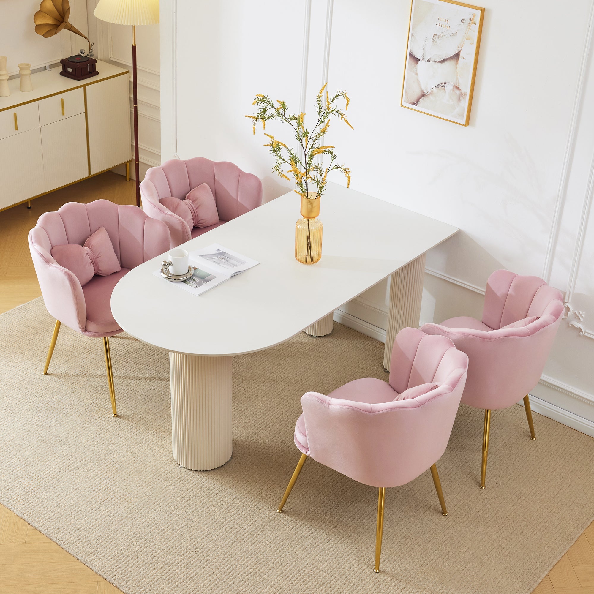 Logidon Set of 4 Pink Velvet Chairs with Petal Backs and Gold Legs