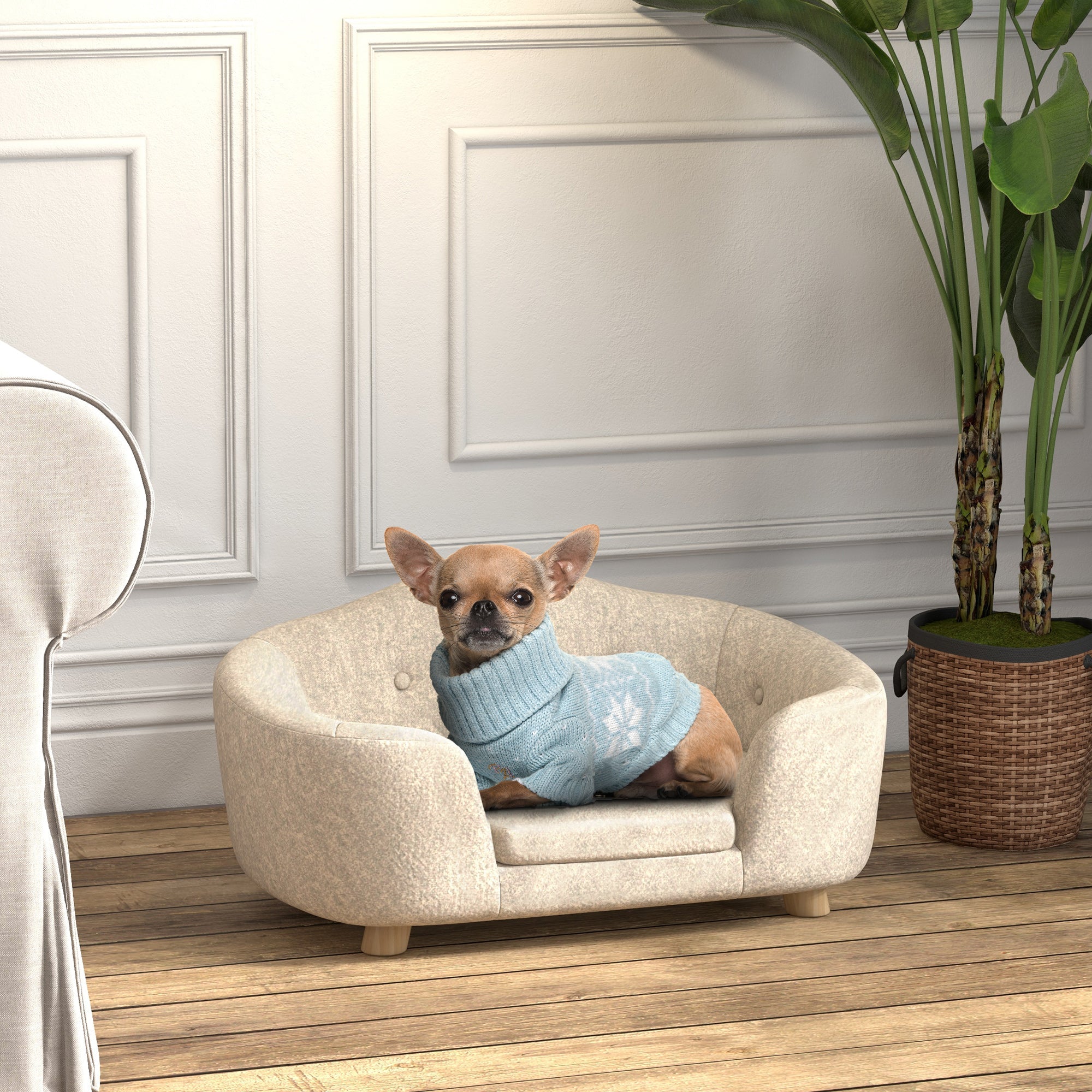 Logidon Hondensofa Crème Wit Met Kussens Houten Voeten 70x47x30 Cm