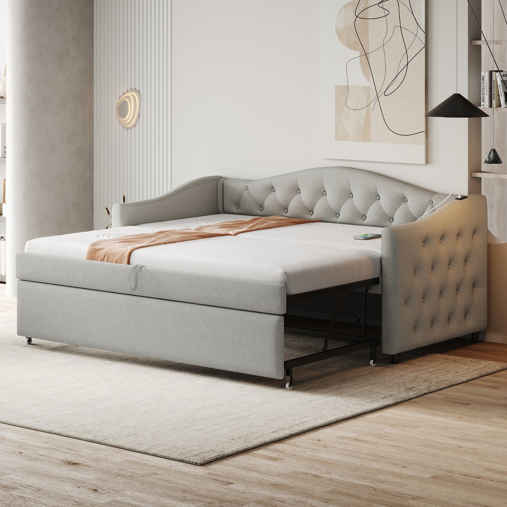 Logidon Upholstered Bed Extendable Sofa Bed 90x200 Gray Linen Fabric USB