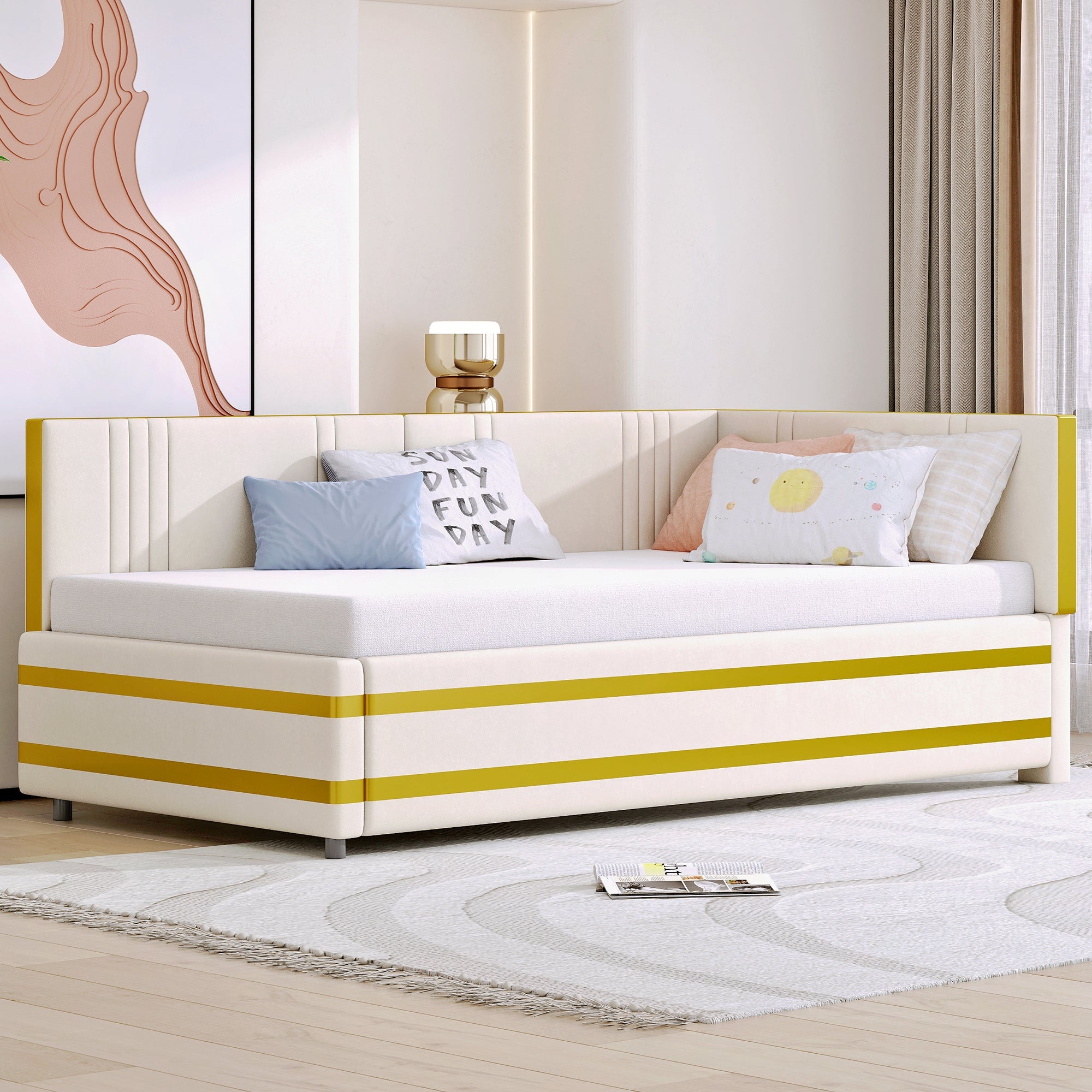 Logidon gestoffeerd bed 90x200 beige met lattenbodem multifunctioneel bed