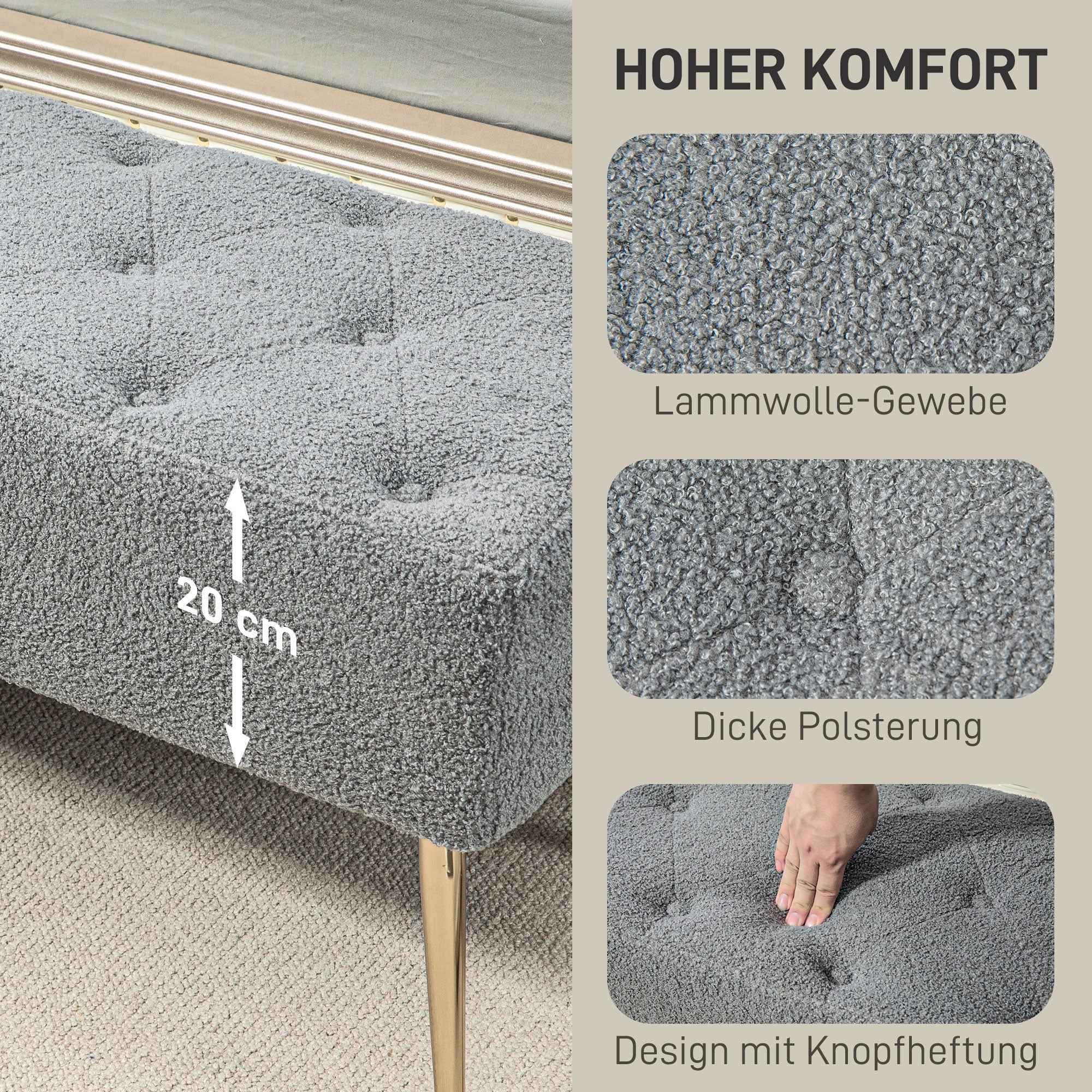 Logidon Bank met lamswollen look en knoopstiksels grijs 112x41x46 cm