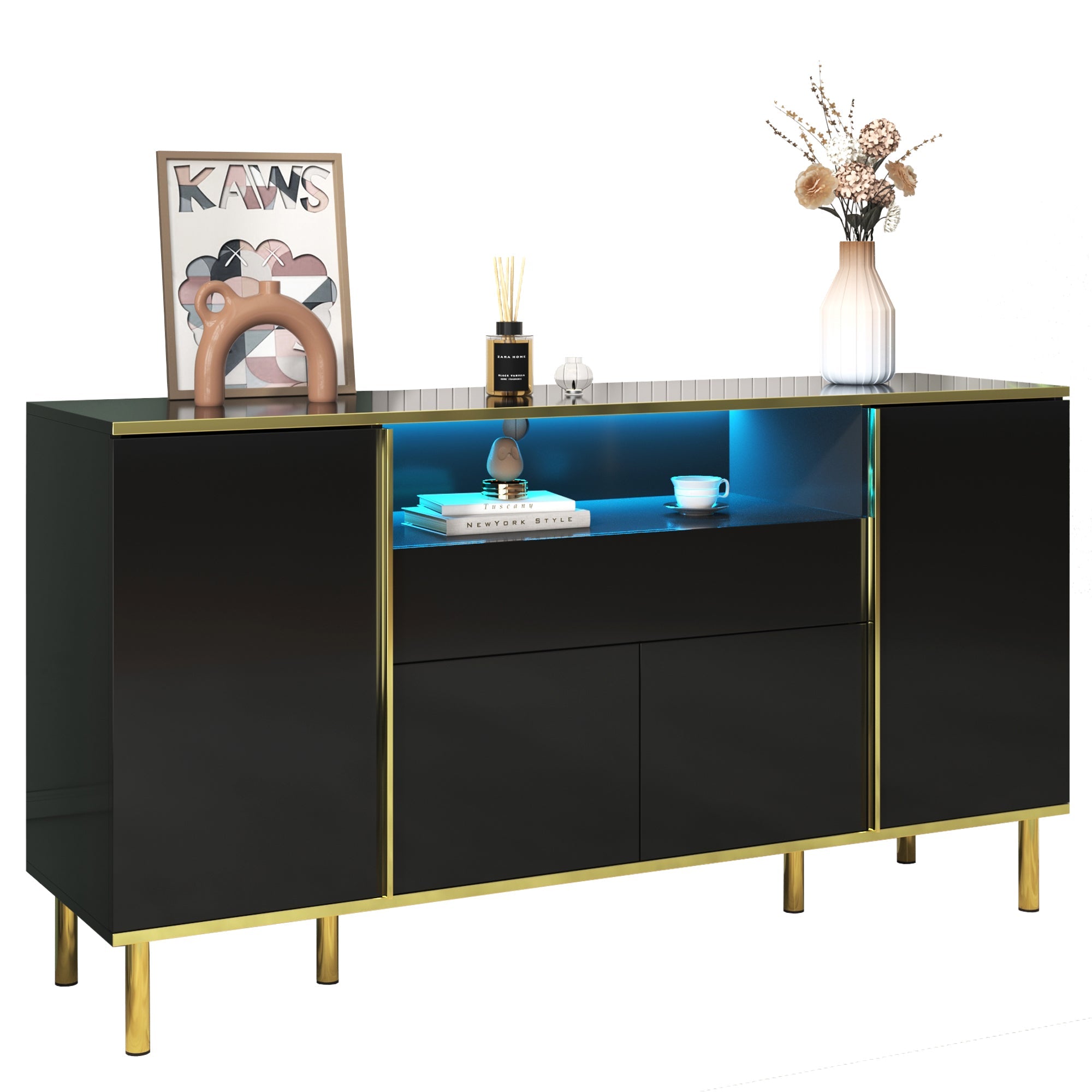 Logidon high-gloss sideboard black 150x40x80 with LED accents