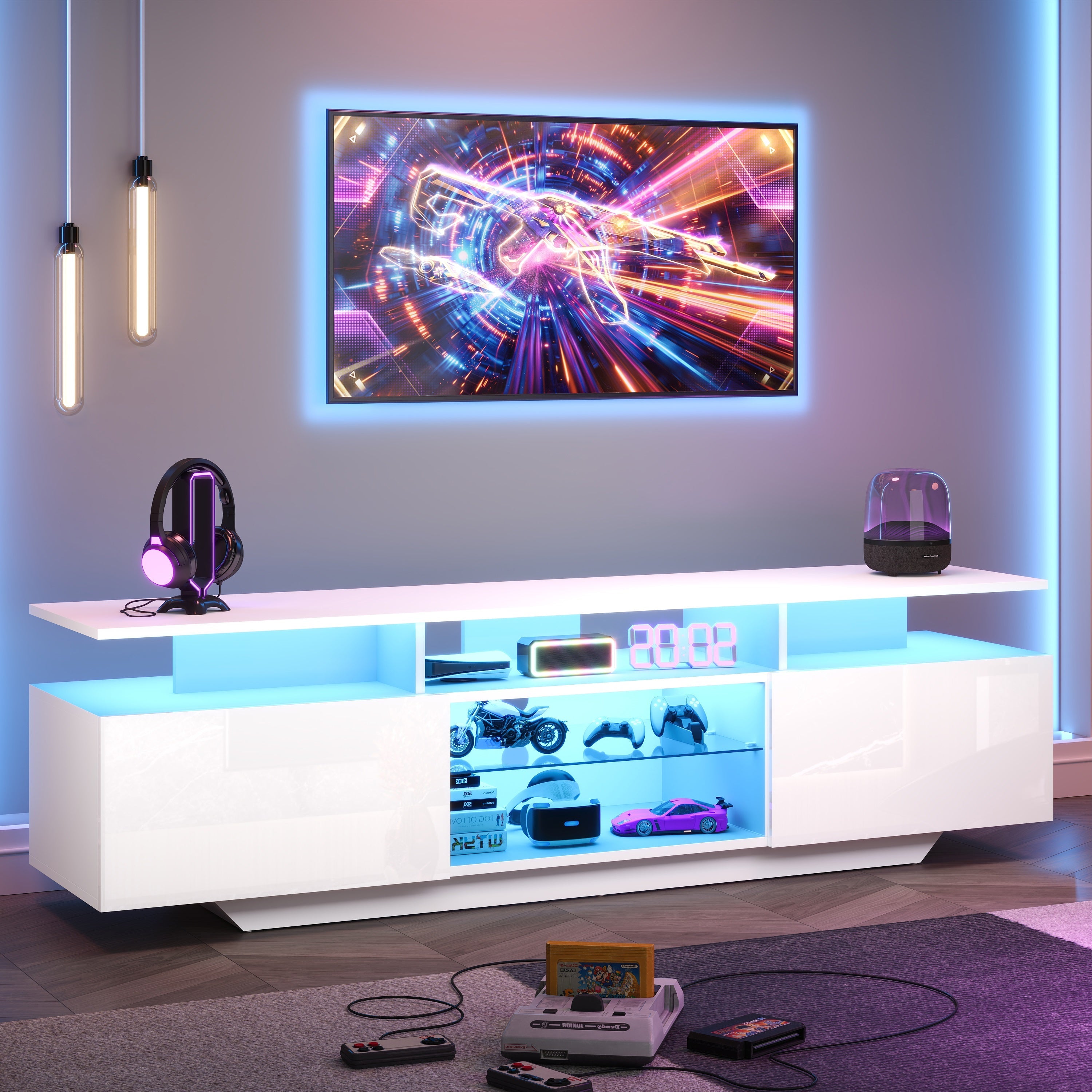 Logidon TV-meubel hoogglans wit 160 x 40 x 45 cm met LED lichtstrip glasplanken