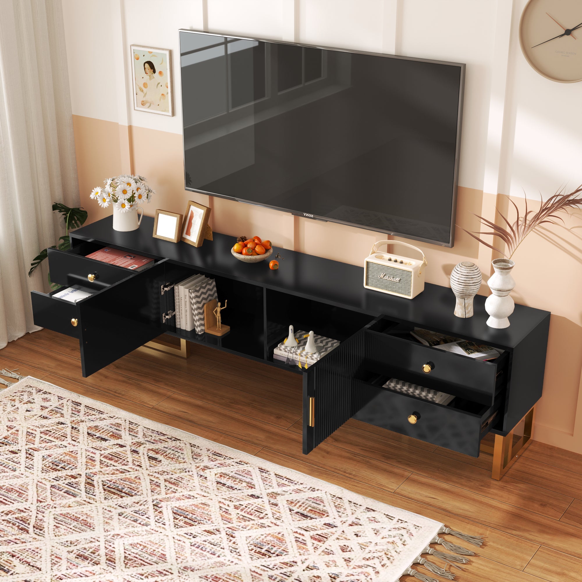 Logidon TV Cabinet Black With Textured Door And Golden Handles