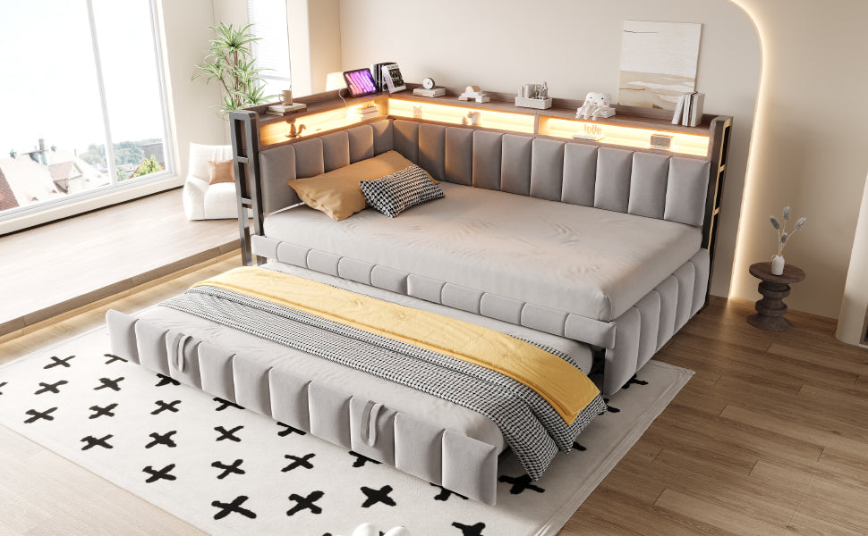Logidon slaapbank gestoffeerd bed 90x200cm lichtgrijs uitschuifbaar LED USB