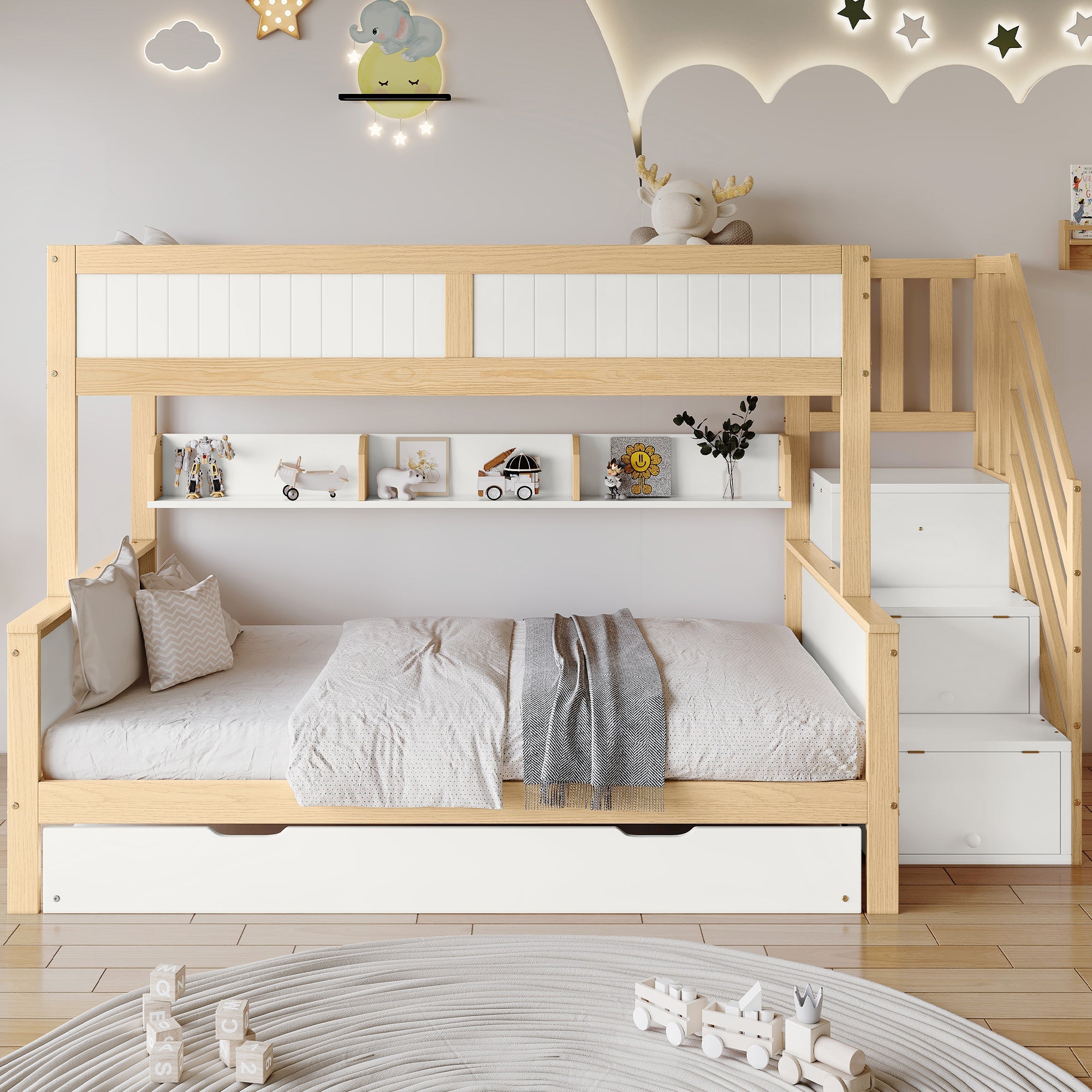 Logidon stapelbed naturel raster hoektrap onderschuifbed 90x200 120x200