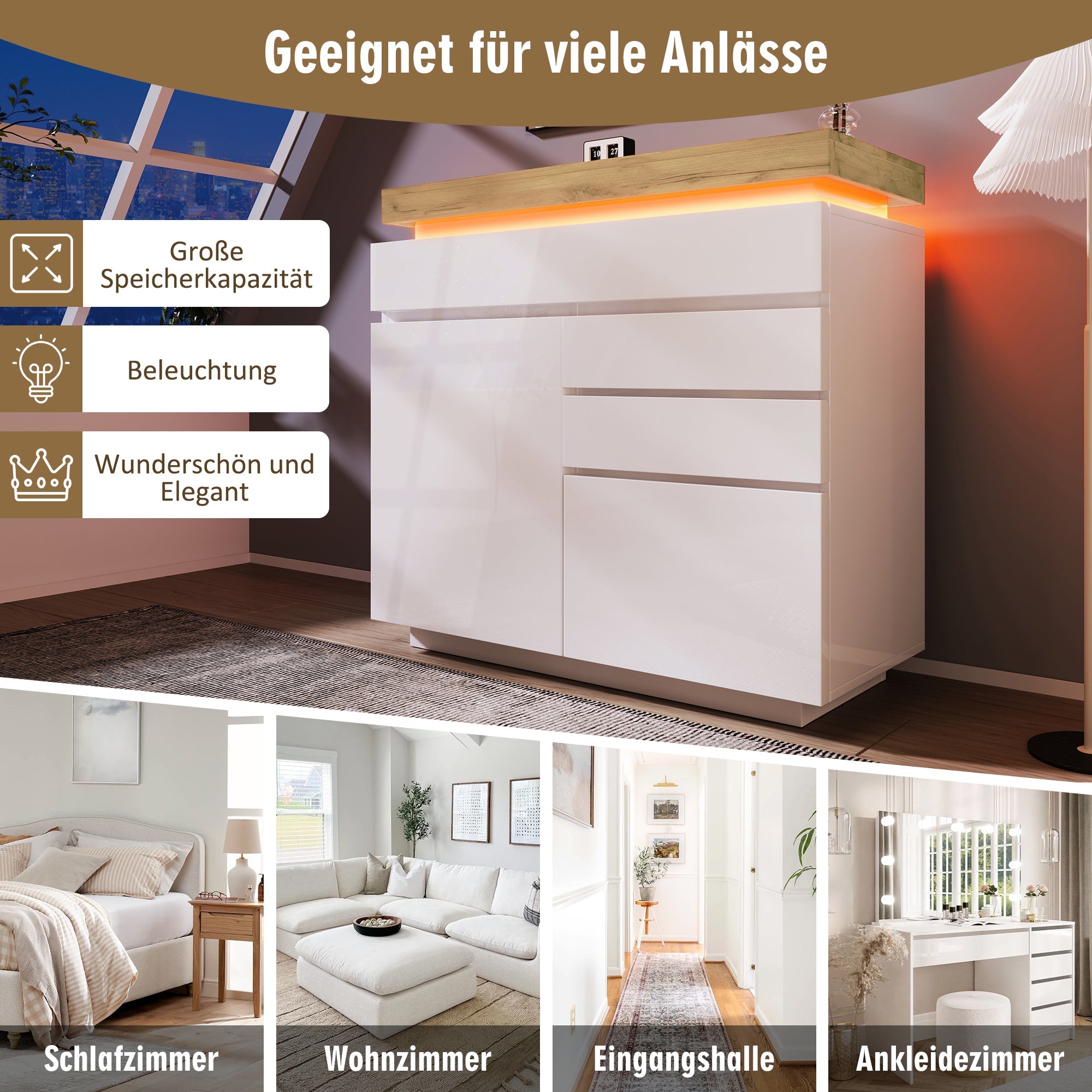 Logidon high gloss chest of drawers white LED lighting app control 2 doors
