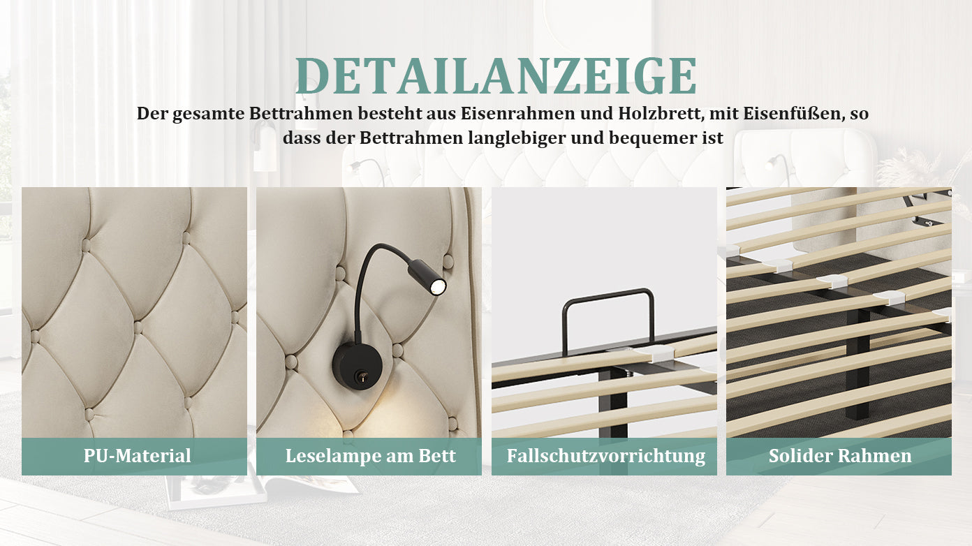 Logidon bedframe beige fluweel met lang hoofdeinde en USB-poorten