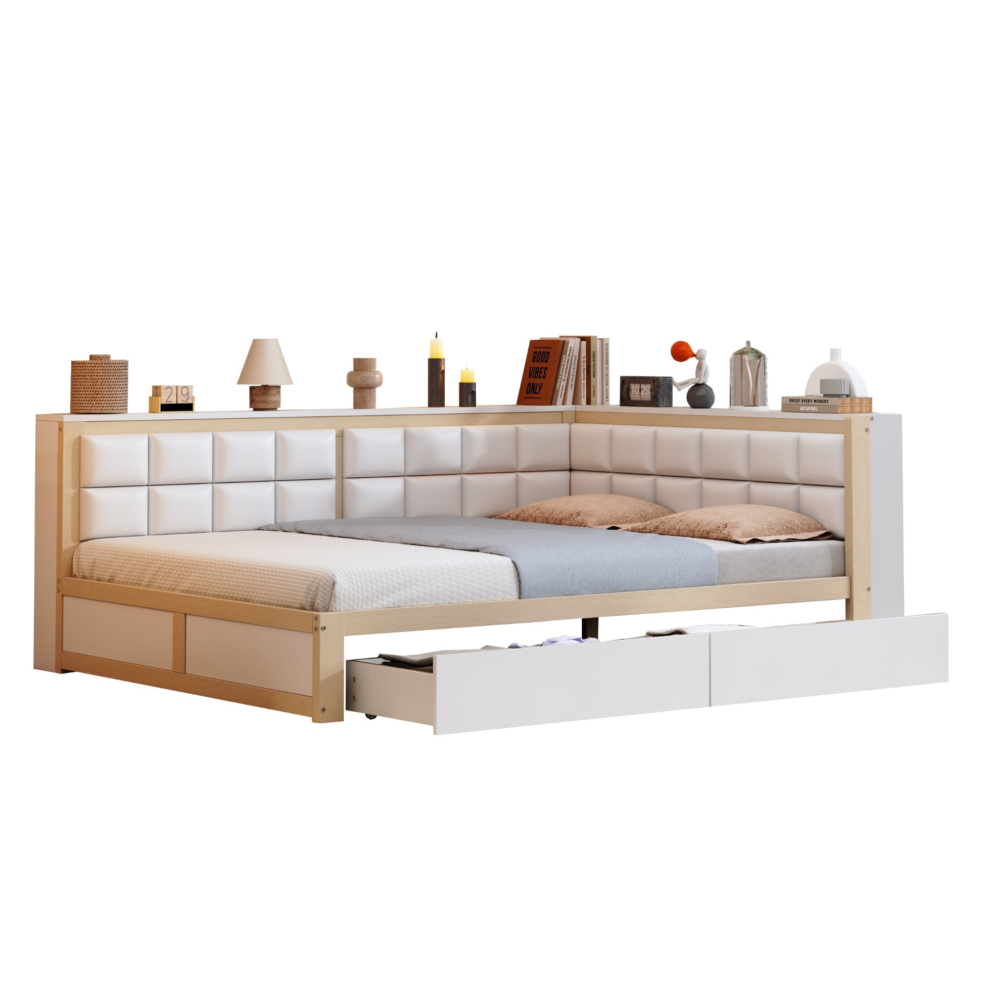 Logidon slaapbank 140x200 met rugleuning en opbergruimte naturel hout