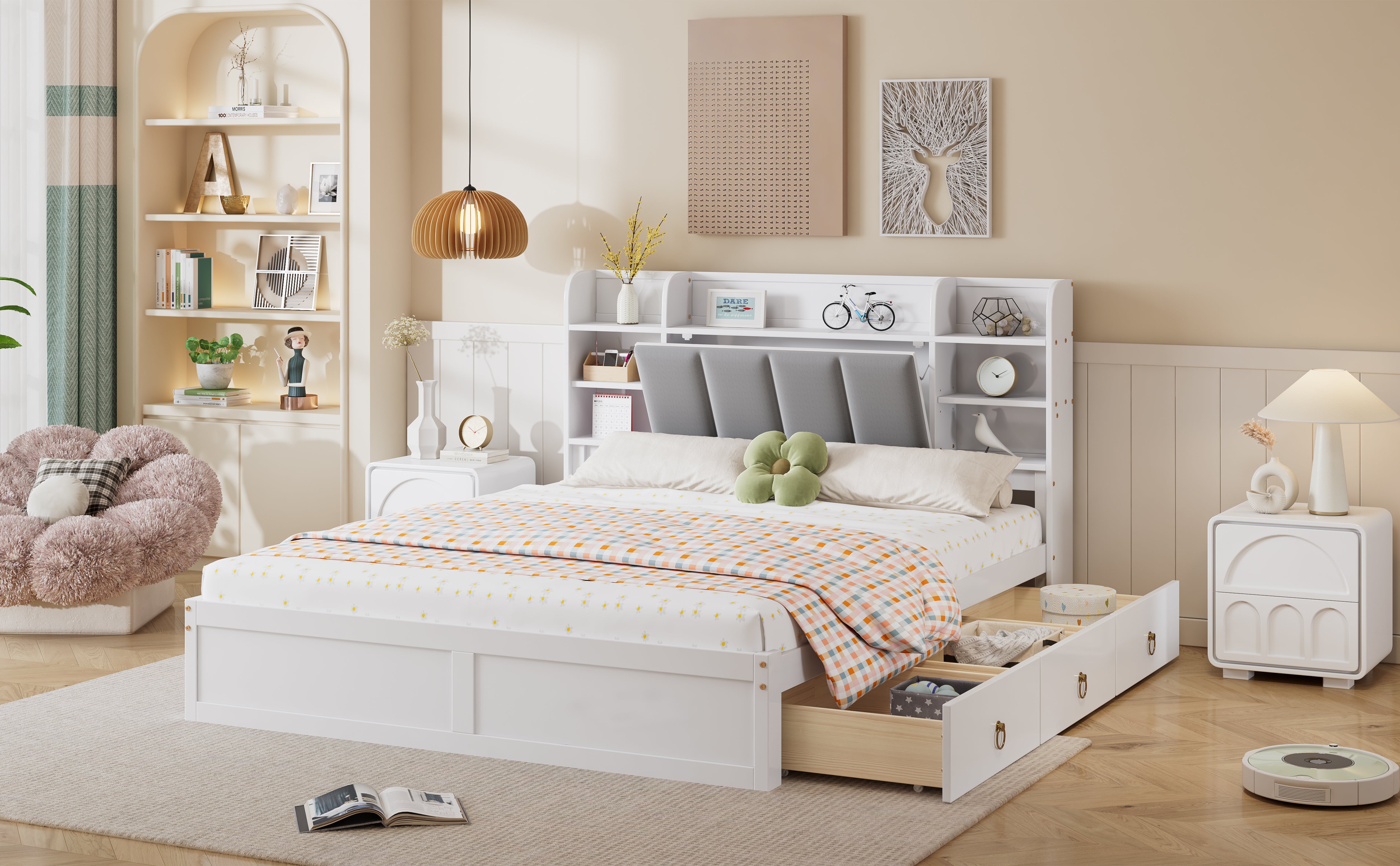 Logidon tweepersoonsbed 160x200 witgrijs, open plank en drie lades