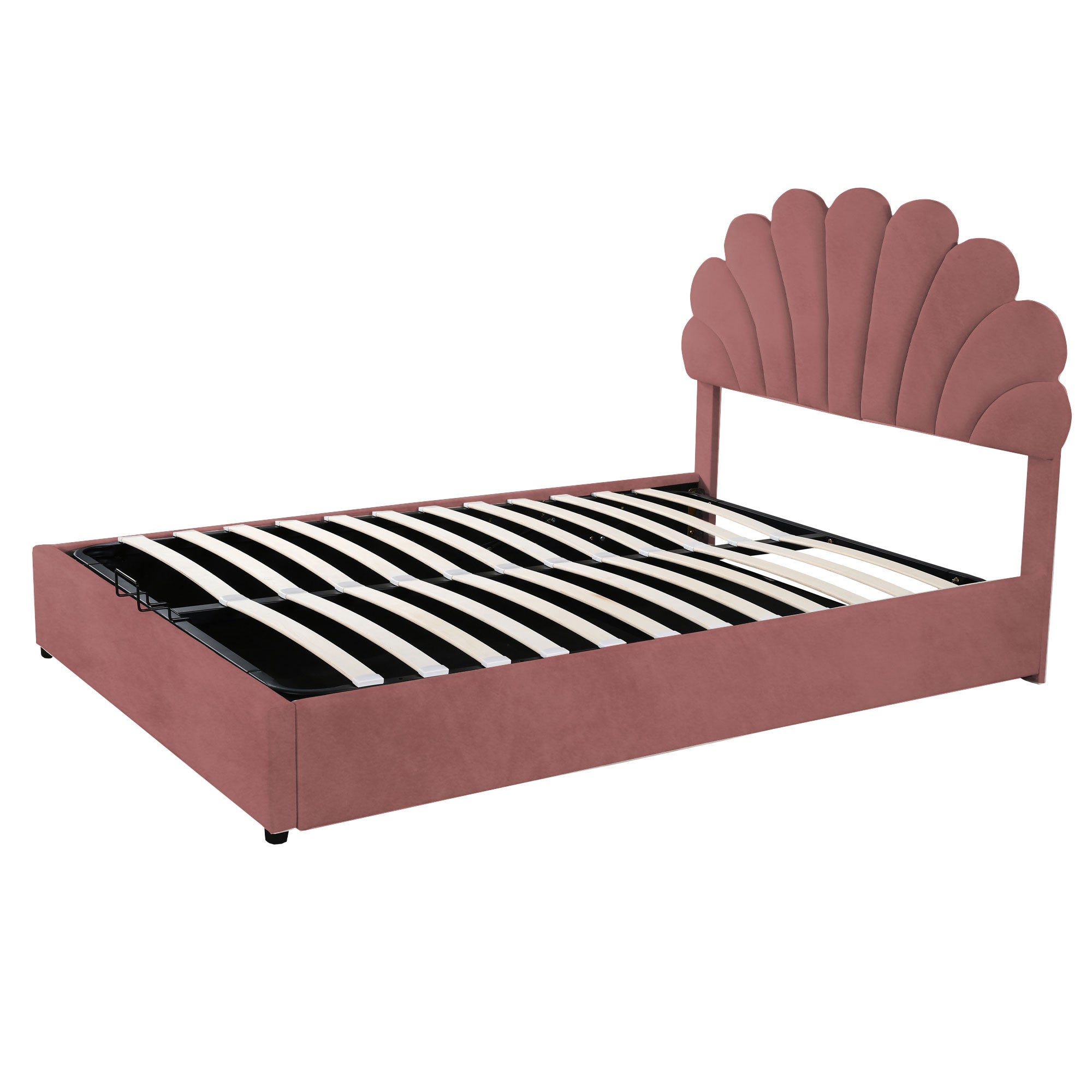 Logidon upholstered bed 140x200 pink with floral headboard and storage space
