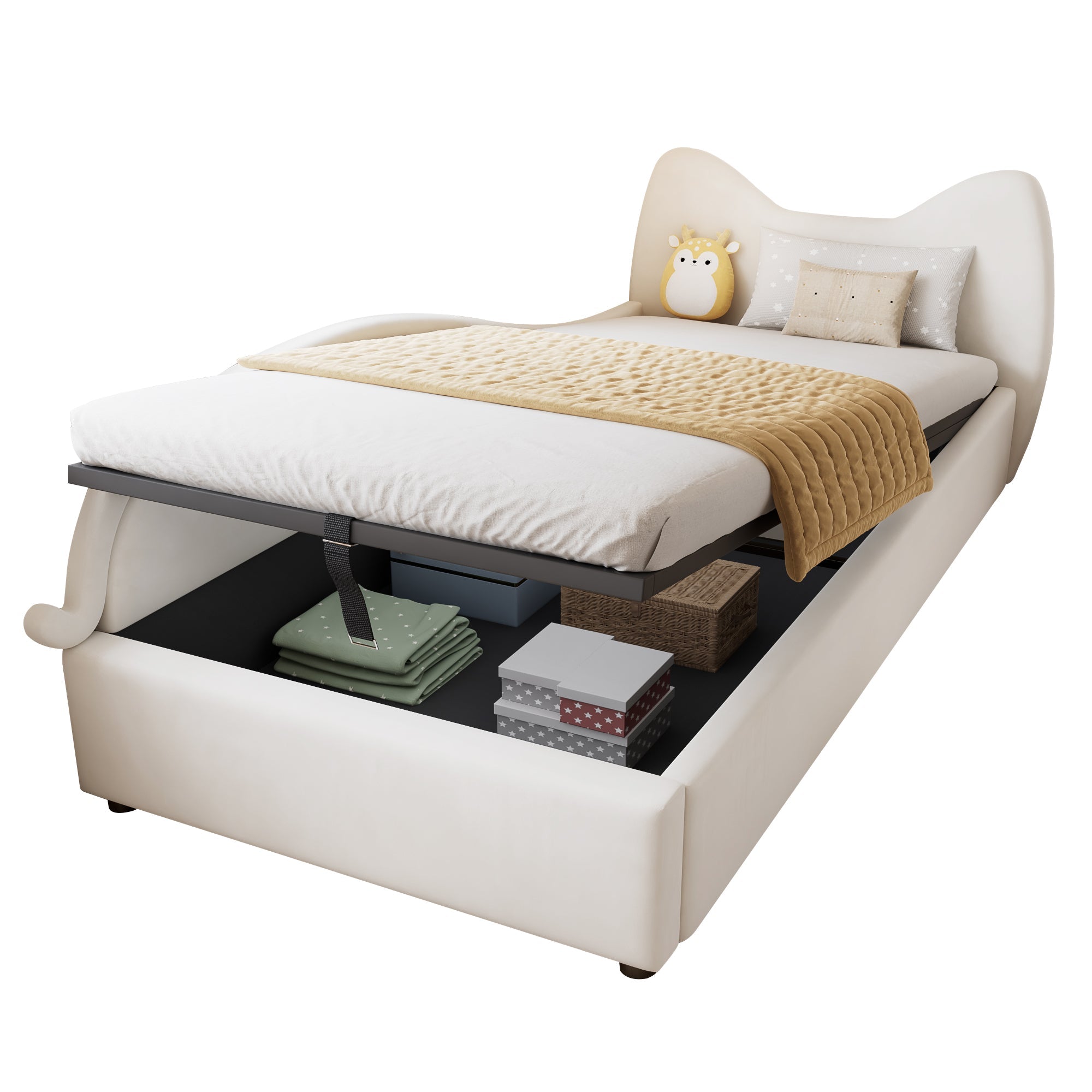 Logidon gestoffeerd kinderbed 90x200 beige kattendesign met opbergruimte