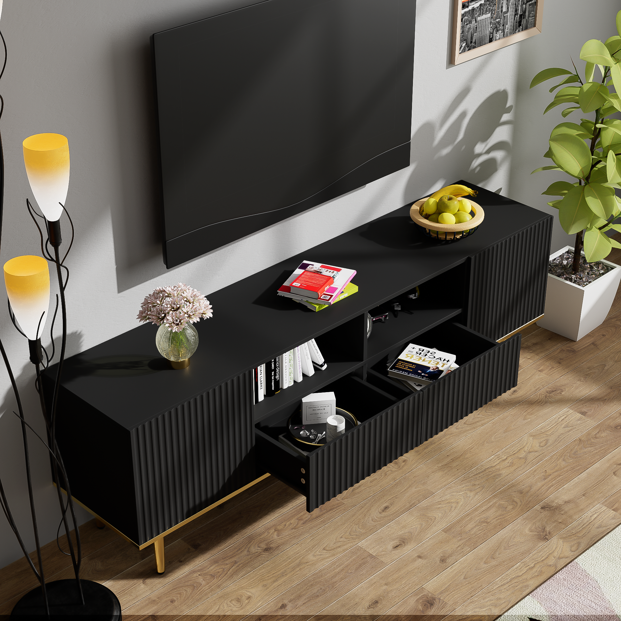 Logidon Modern TV-meubel 165 cm Zwart met Gouden Voeten en Rand