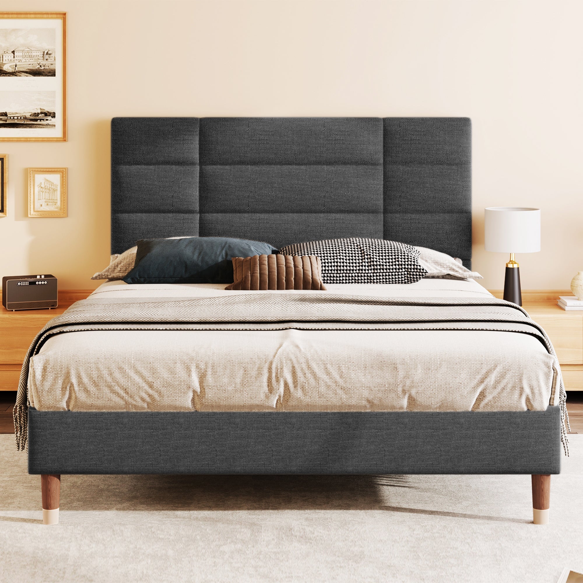 Logidon upholstered bed double bed 140x200 with slatted frame dark gray linen