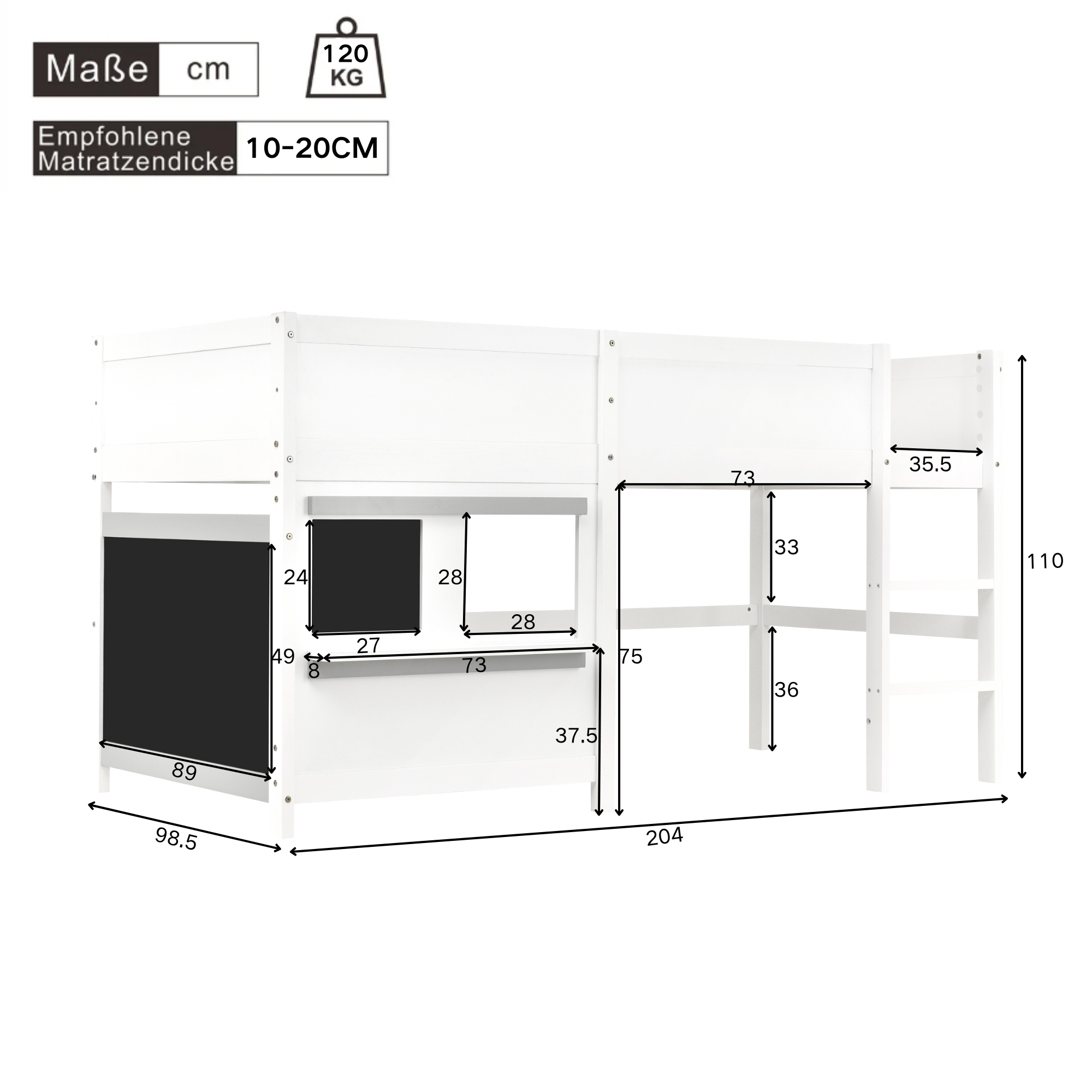 Logidon huisbed 90x200 wit graffiti-ready stapelbed met plank