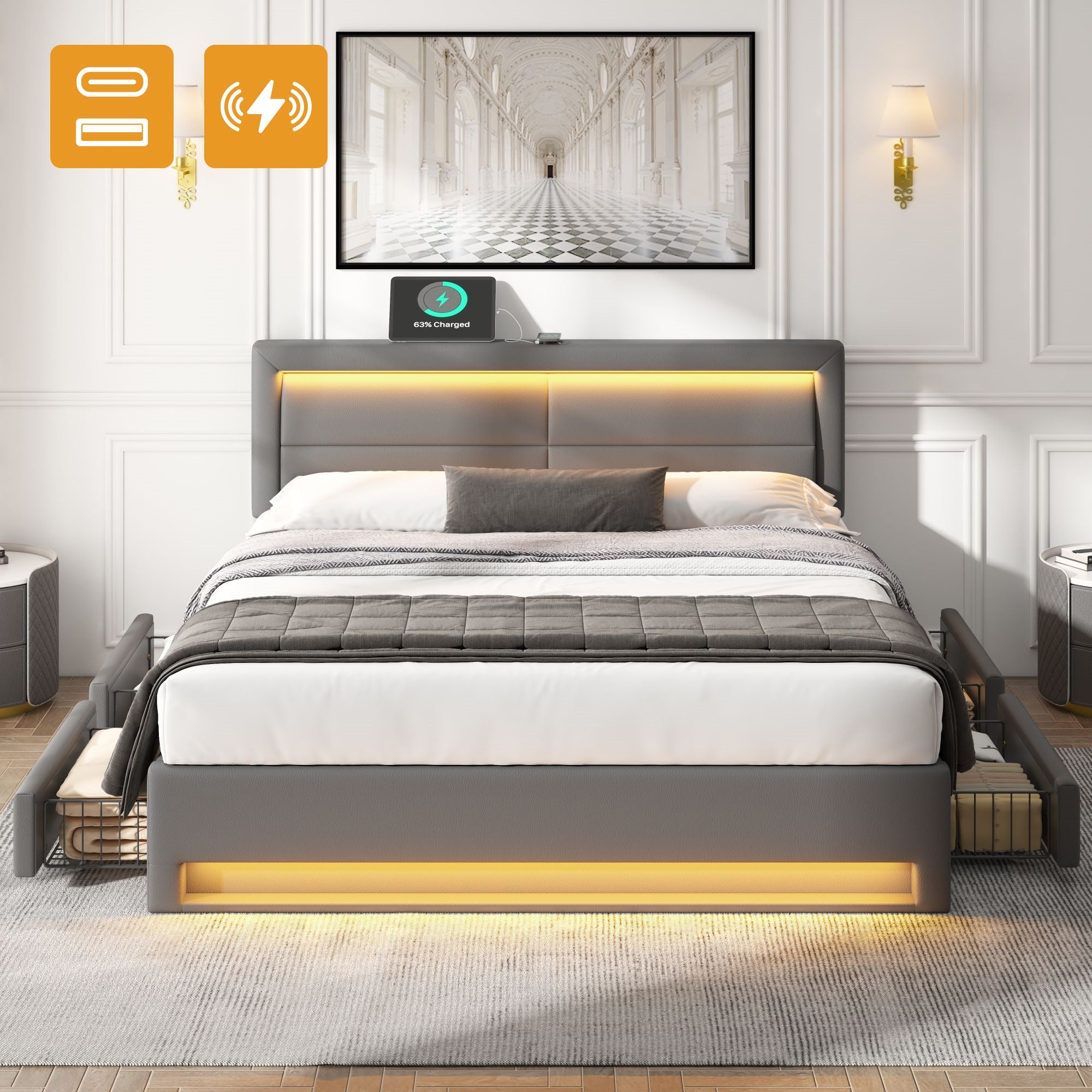 Logidon gestoffeerd bed 140x200 grijs met USB oplaadpoort LED verlichting 4 lades