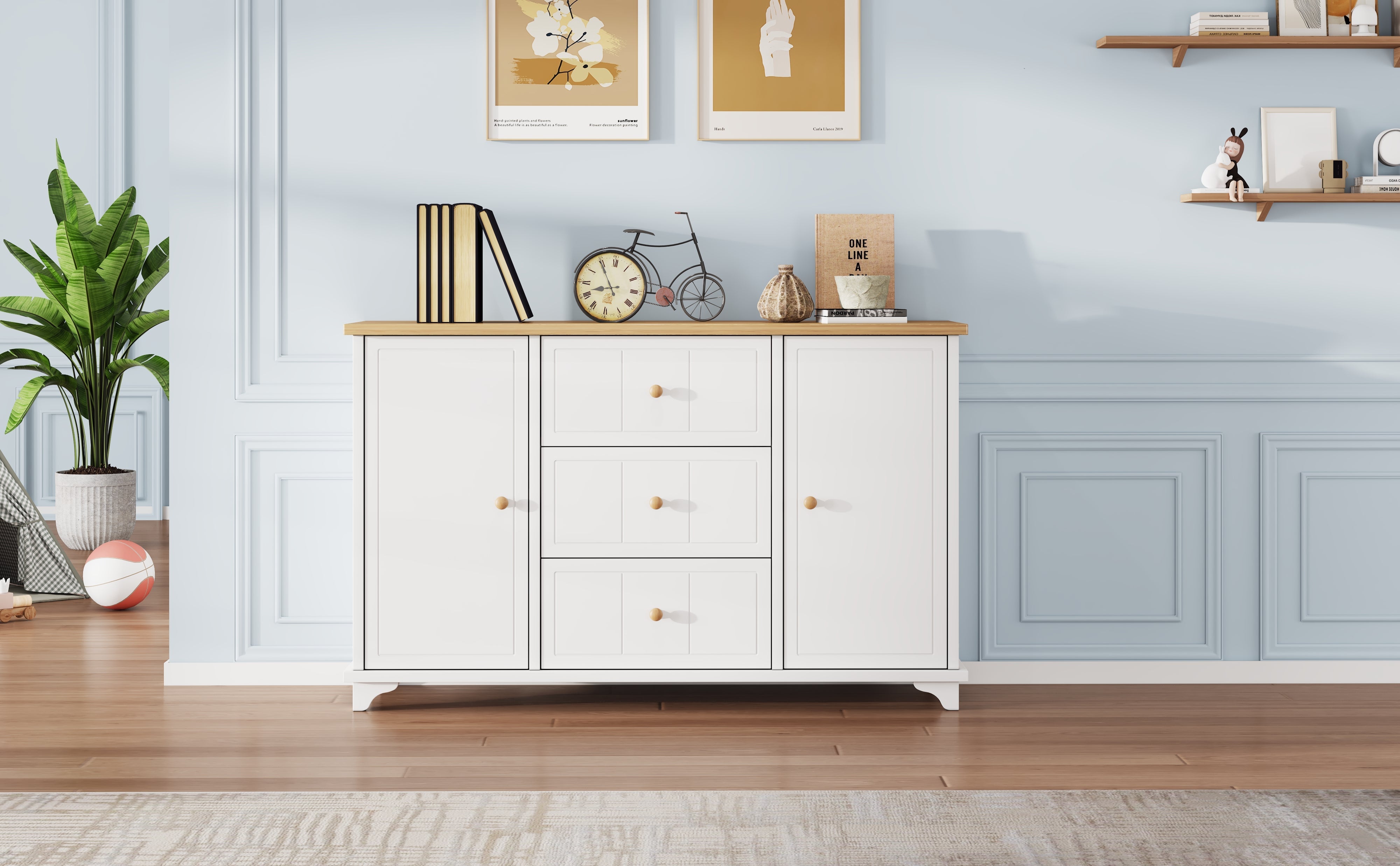Logidon classic chest of drawers white natural with 3 drawers and 2 doors