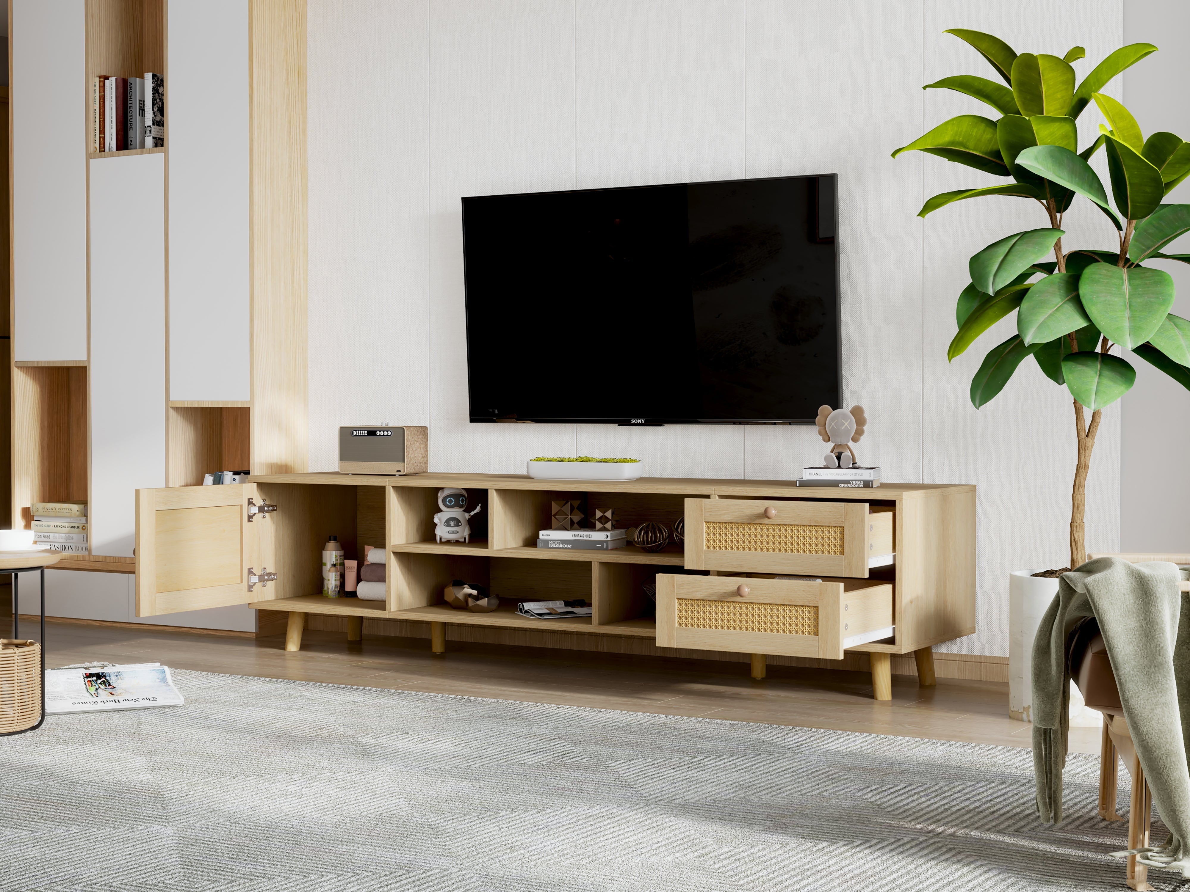 Logidon Premium 160 cm rotan TV-meubel eiken met kabelmanagement