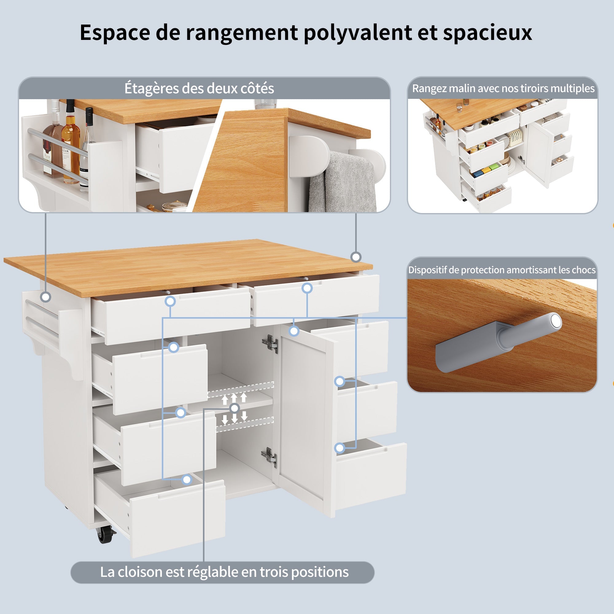 Logidon Modern Keukeneiland Uitschuifbare Keukentrolley Wit 8 Laden