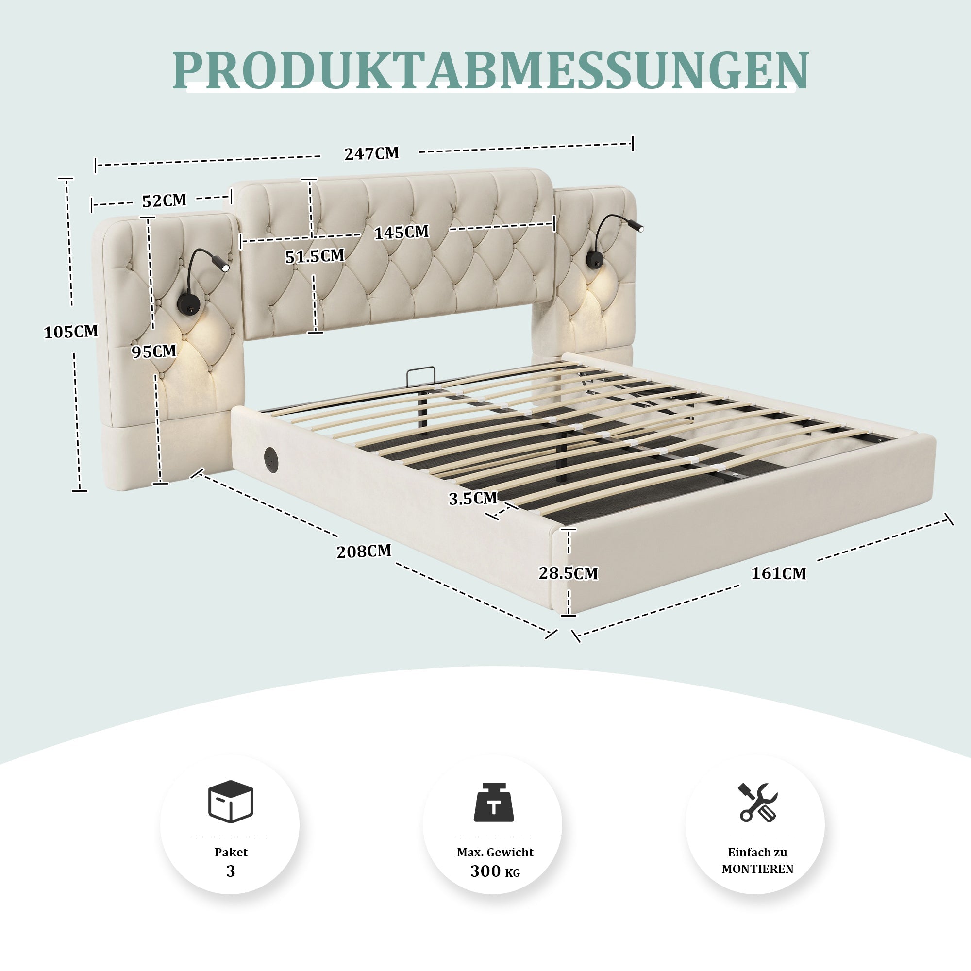 Logidon bedframe beige fluweel met lang hoofdeinde en USB-poorten