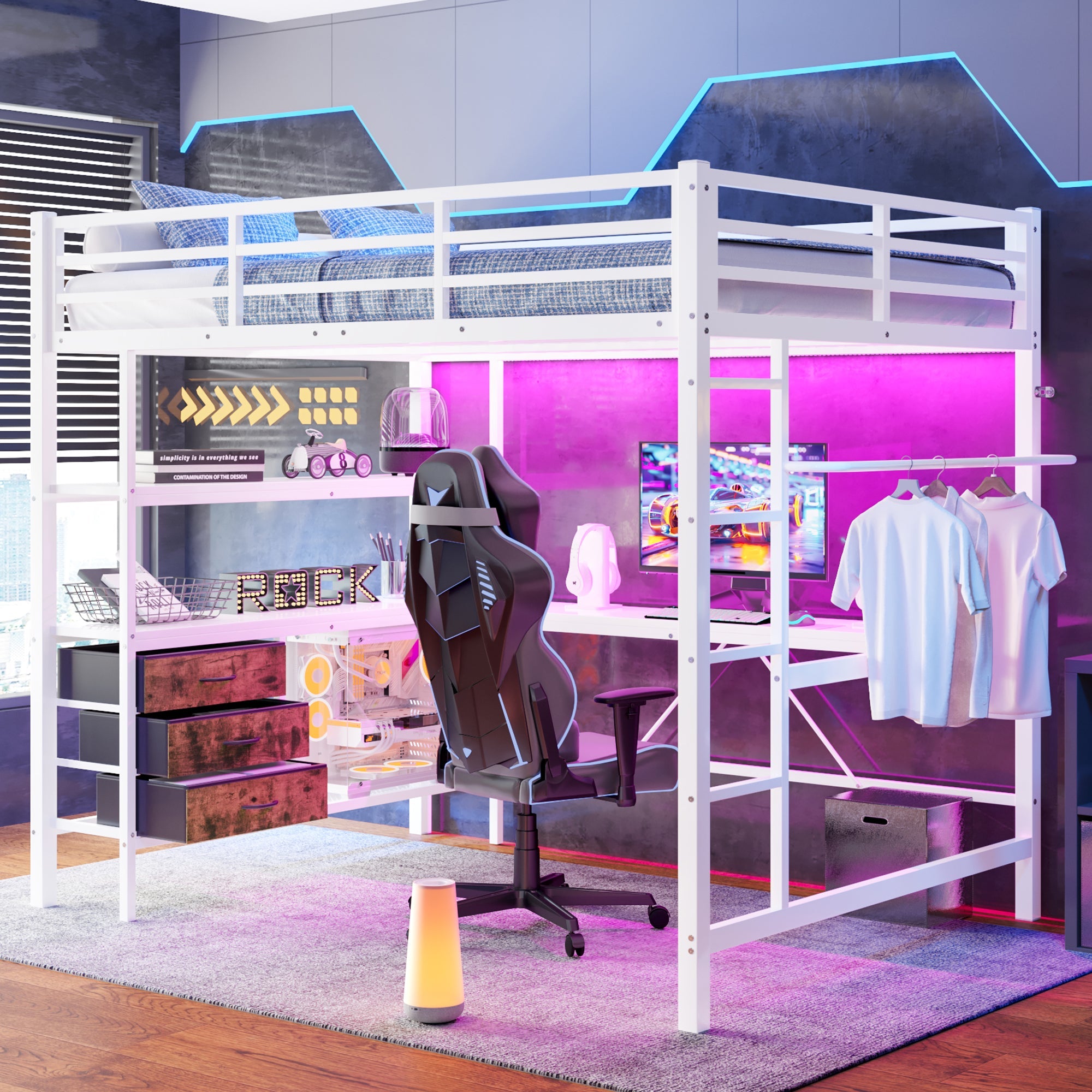 Logidon loft bed 140x200 with LED lighting USB socket 3 drawers