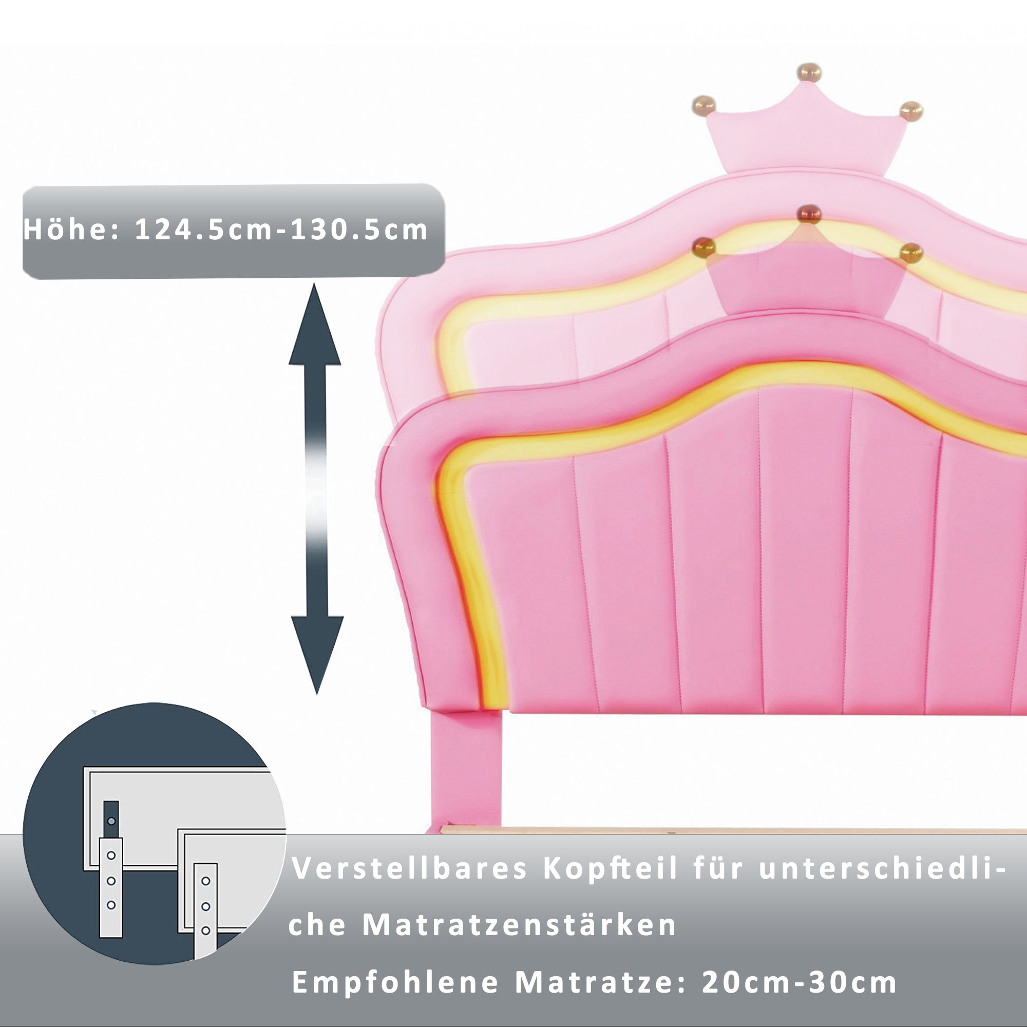 Logidon kinderbed roze 90x200 gestoffeerd bed met LED verlichting