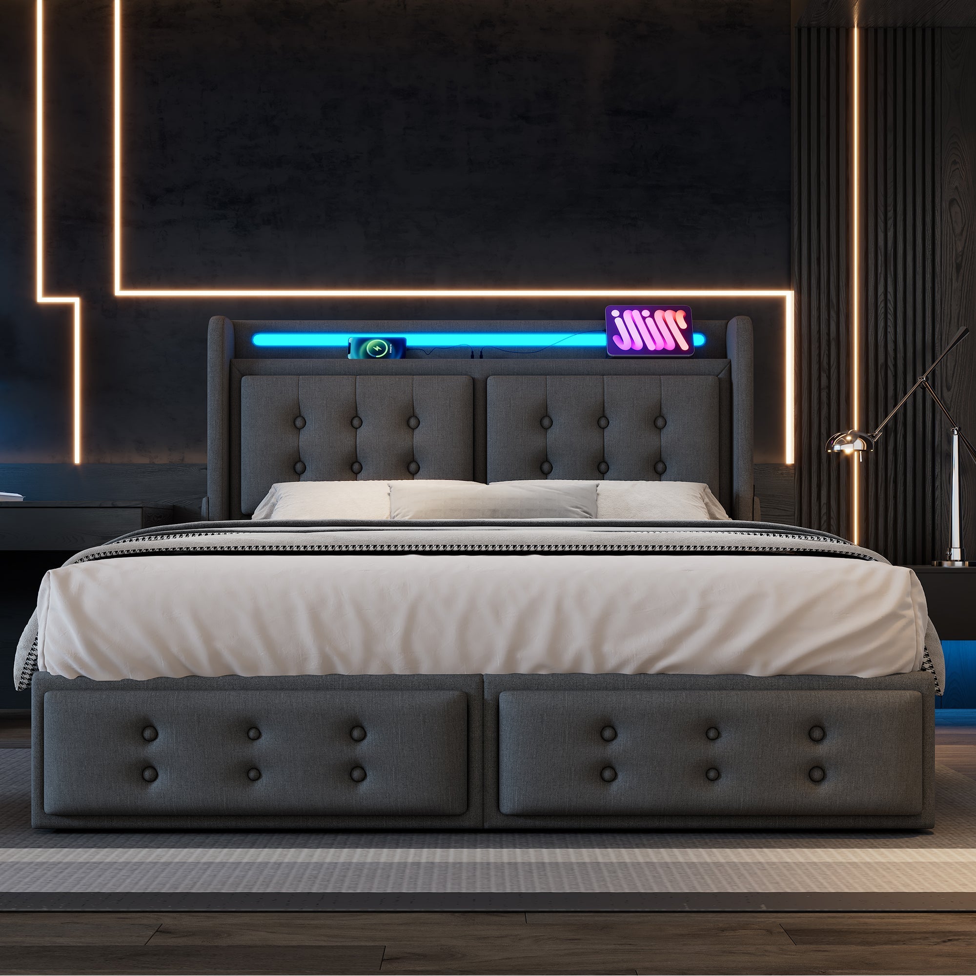 Logidon gestoffeerd bed 140x200 grijs met LED hoofdbord USB-C oplaadfunctie