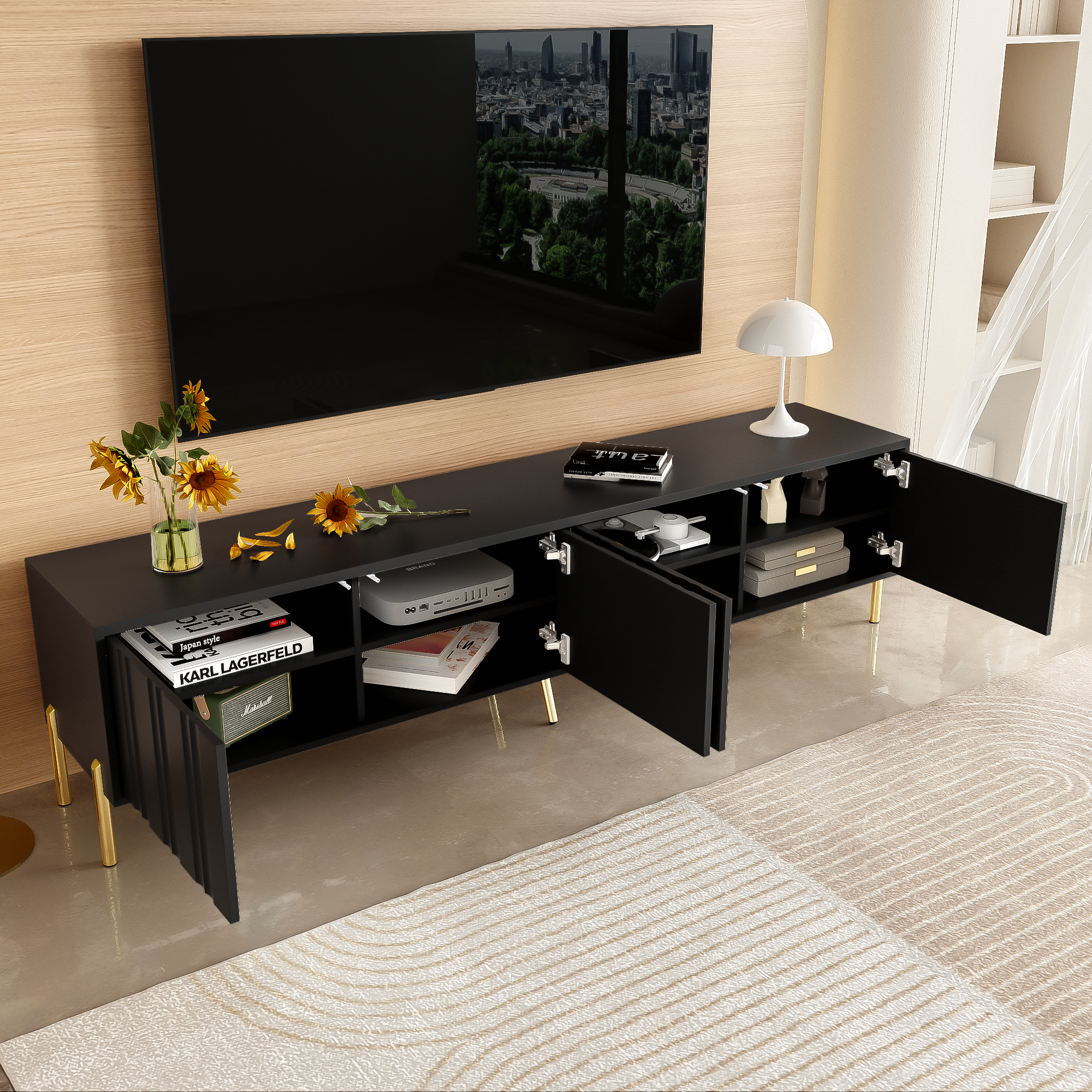 Logidon Zwart TV-meubel met Gouden Tafelpoten 190 cm