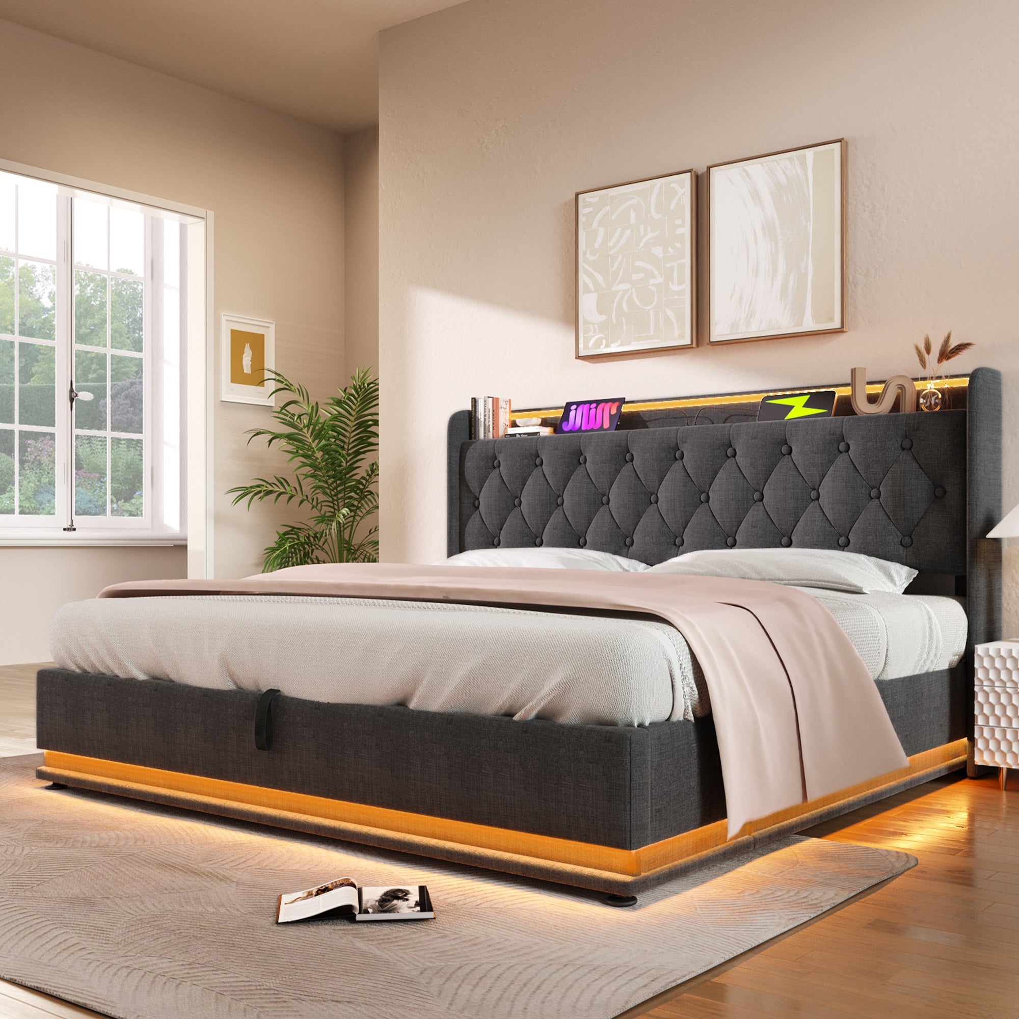 Logidon gestoffeerd bed tweepersoonsbed 180x200 cm grijs linnen LED-verlichting USB C