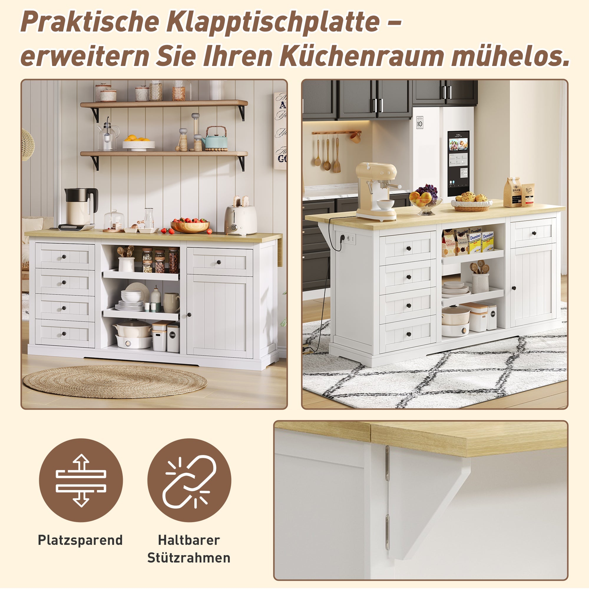 Logidon dressoir keukeneiland wit houten blad 5 laden 150x65x75 cm