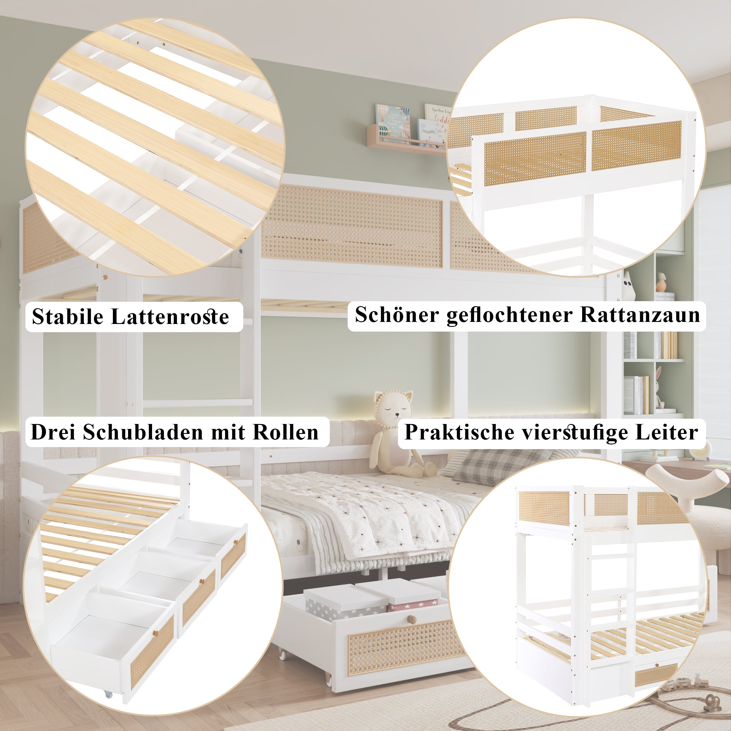 Logidon stapelbed 90x200 cm wit met rotan hekwerk drie lades