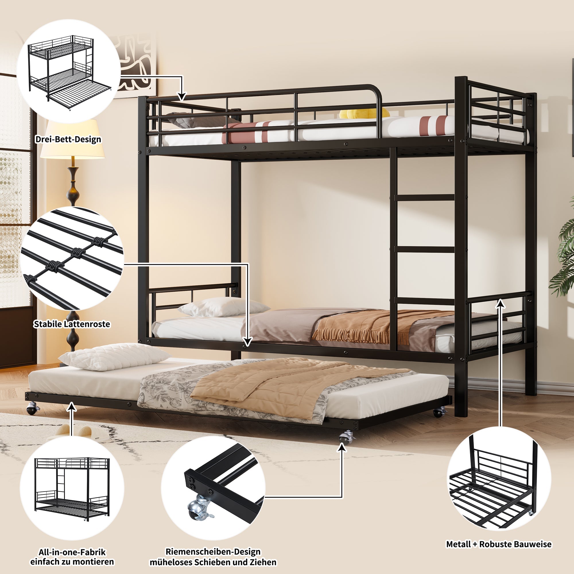 Logidon Stapelbed Ijzer Zwart 90x200 en 90x190 met uitschuifbaar bed