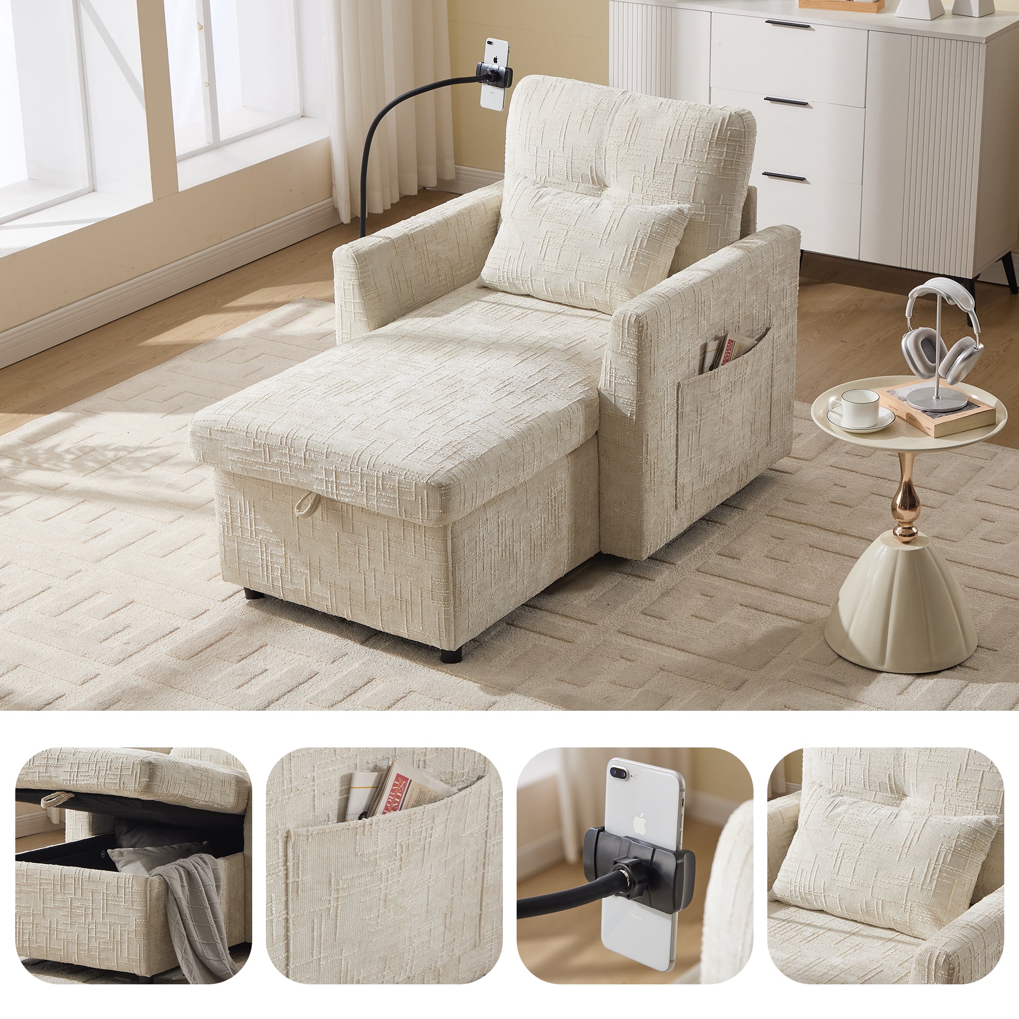 Logidon loungerstoel beige chenille met verstelbare rugleuning